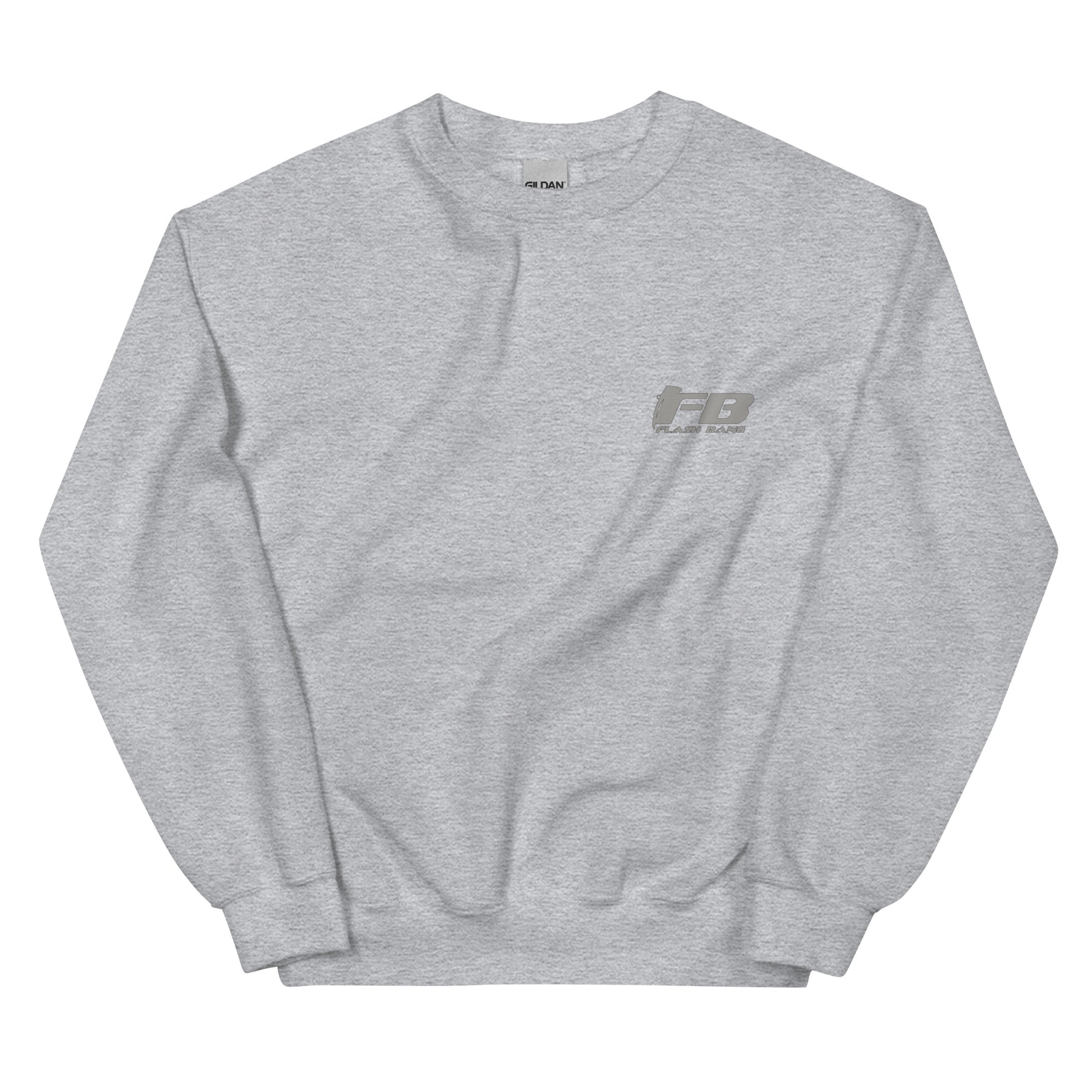 Gray sweatshirt with a logo on the chest against a white background