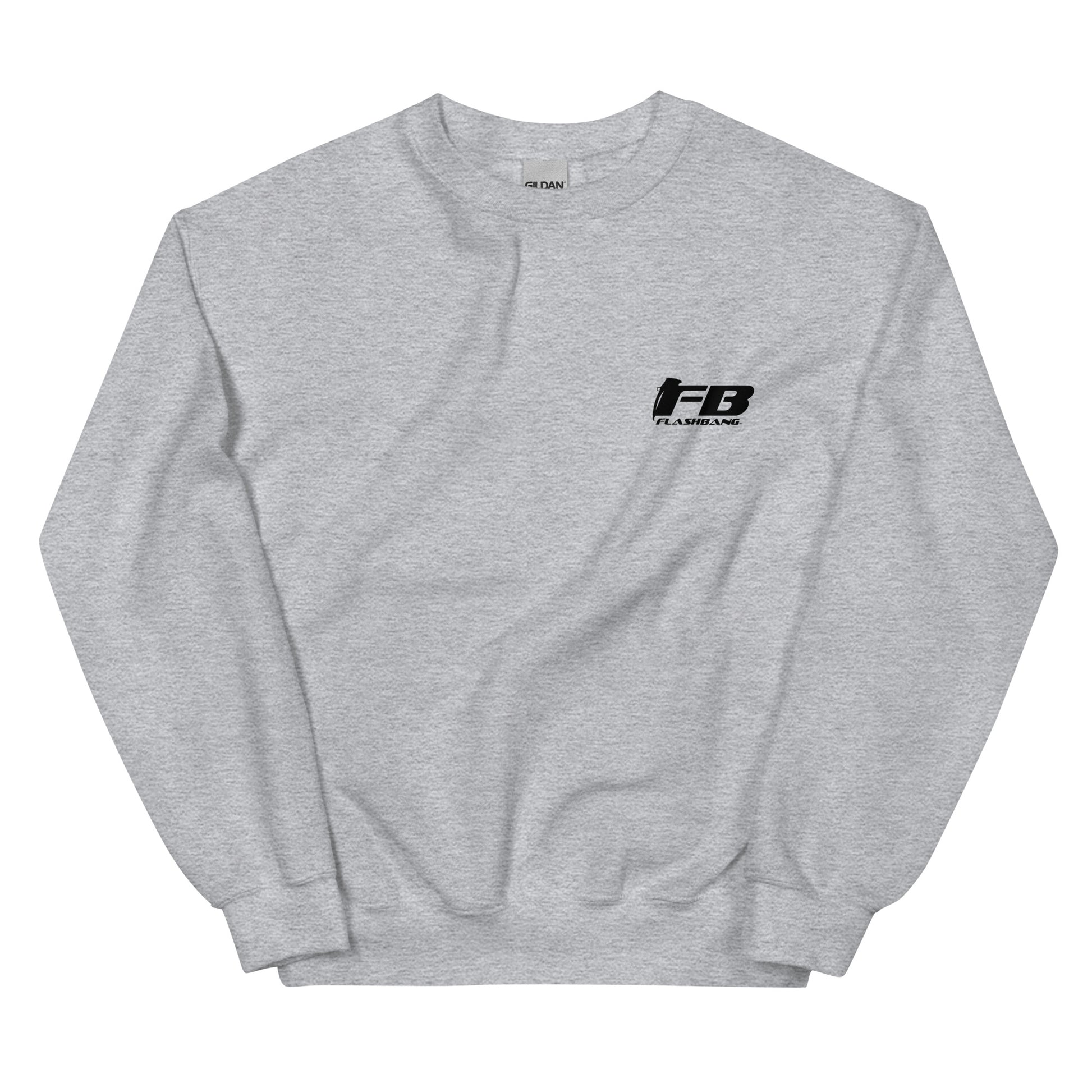 Gray sweatshirt with a black logo on a white background