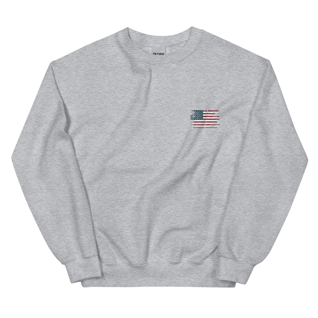 Gray sweatshirt with an American flag patch on a white background