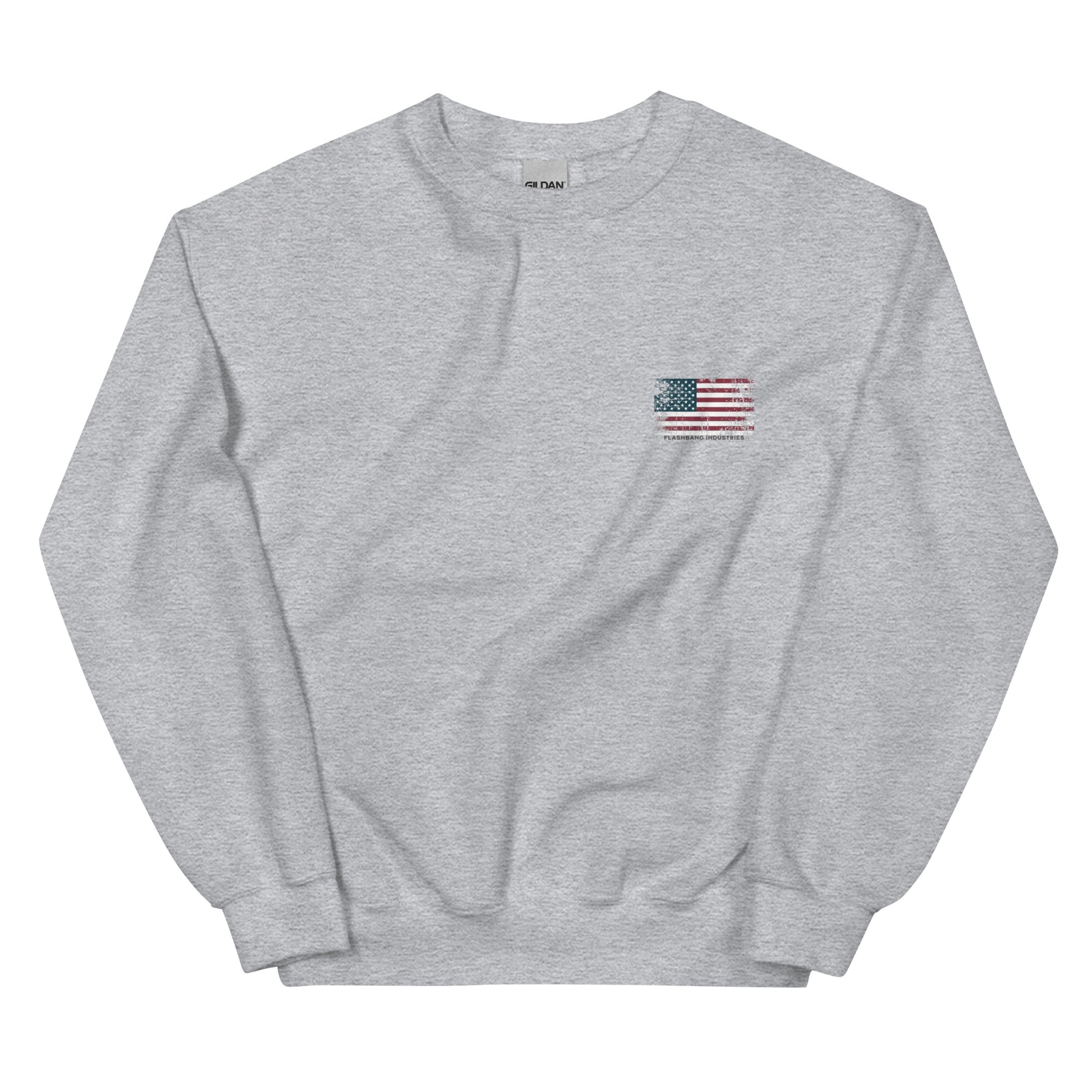 Gray sweatshirt with an American flag patch on a white background