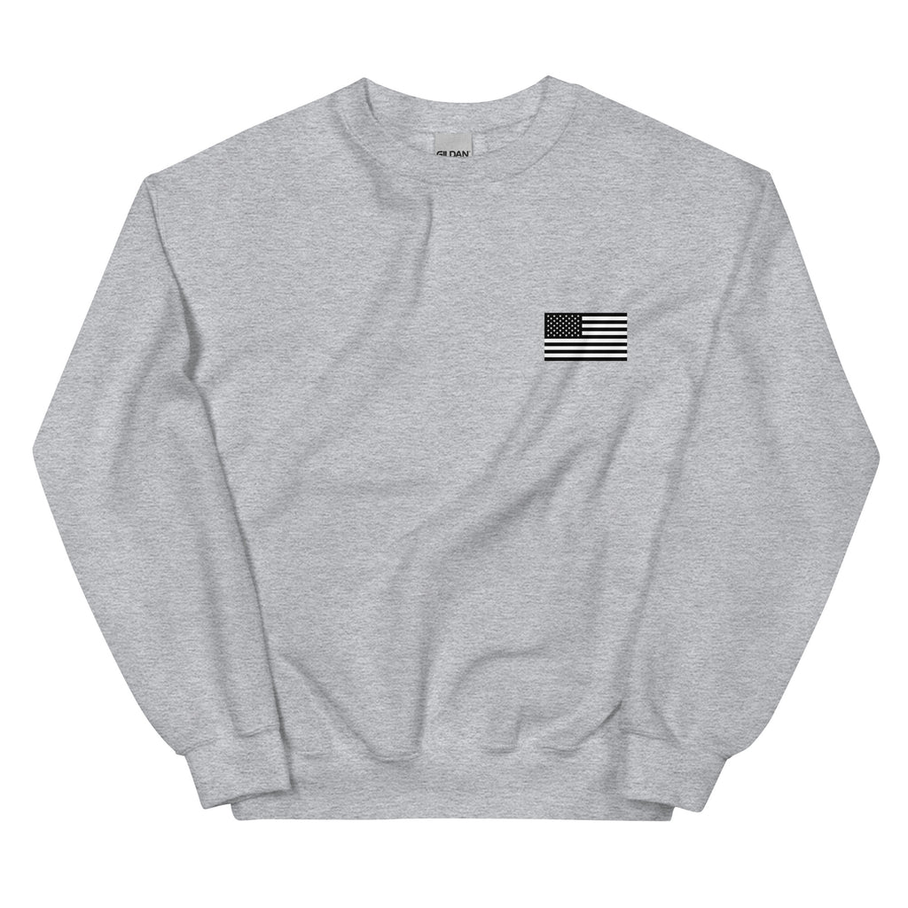 Gray sweatshirt with a small American flag patch on a white background