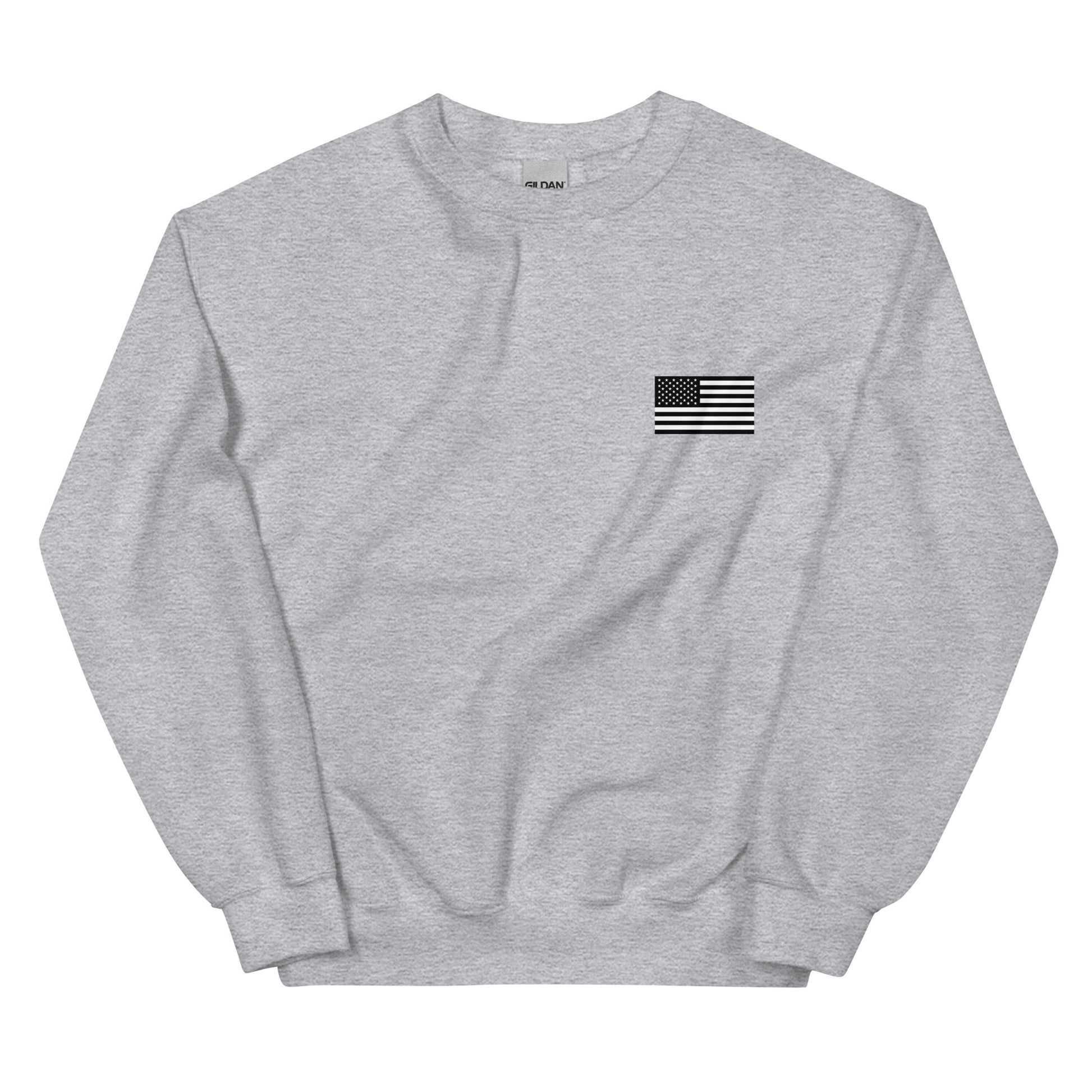 Gray sweatshirt with a small American flag patch on a white background