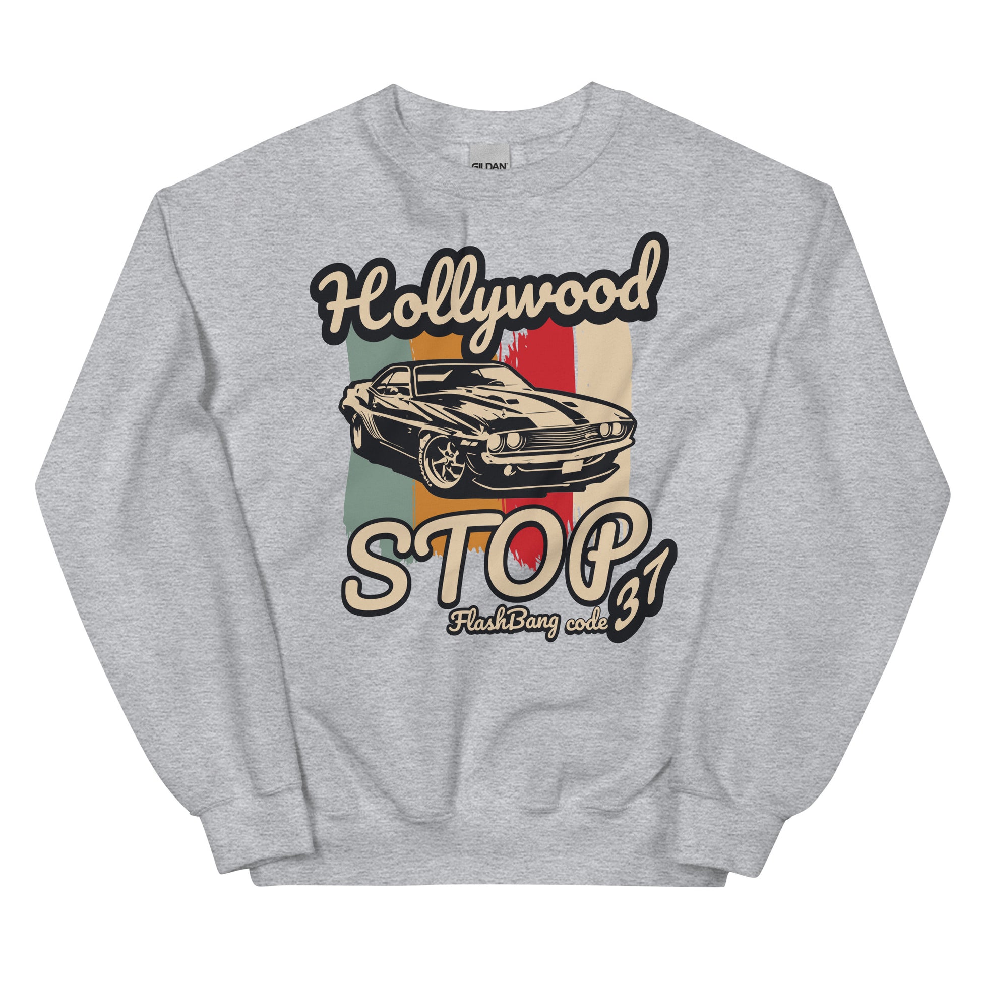 Gray sweatshirt with a vintage car graphic and text on a white background