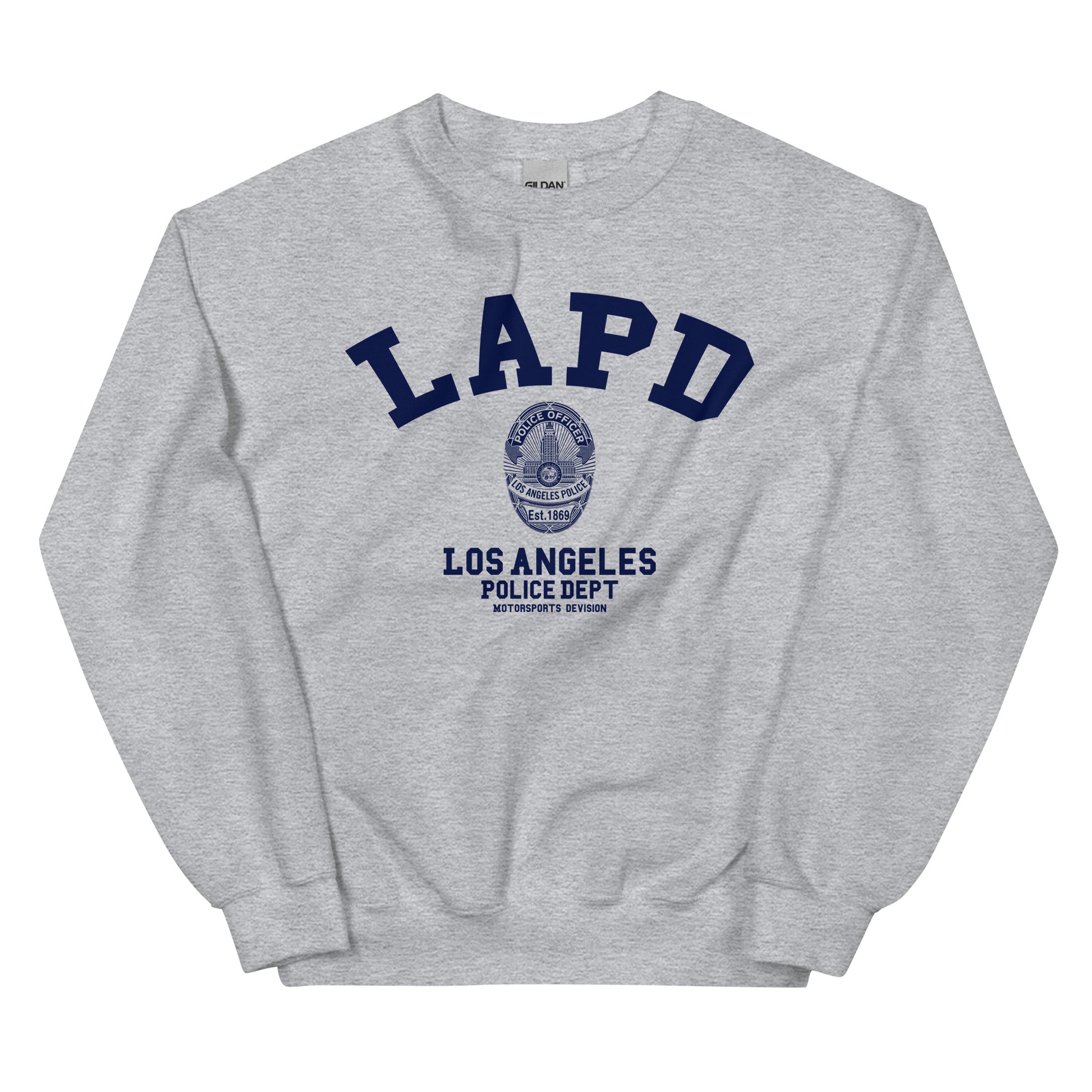 Gray sweatshirt with LAPD Los Angeles Police Dept logo on a white background