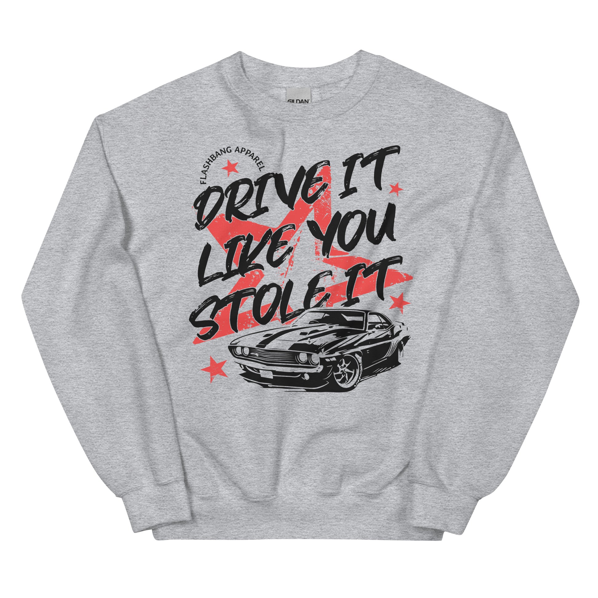 Gray sweatshirt with graphic design and text on a white background