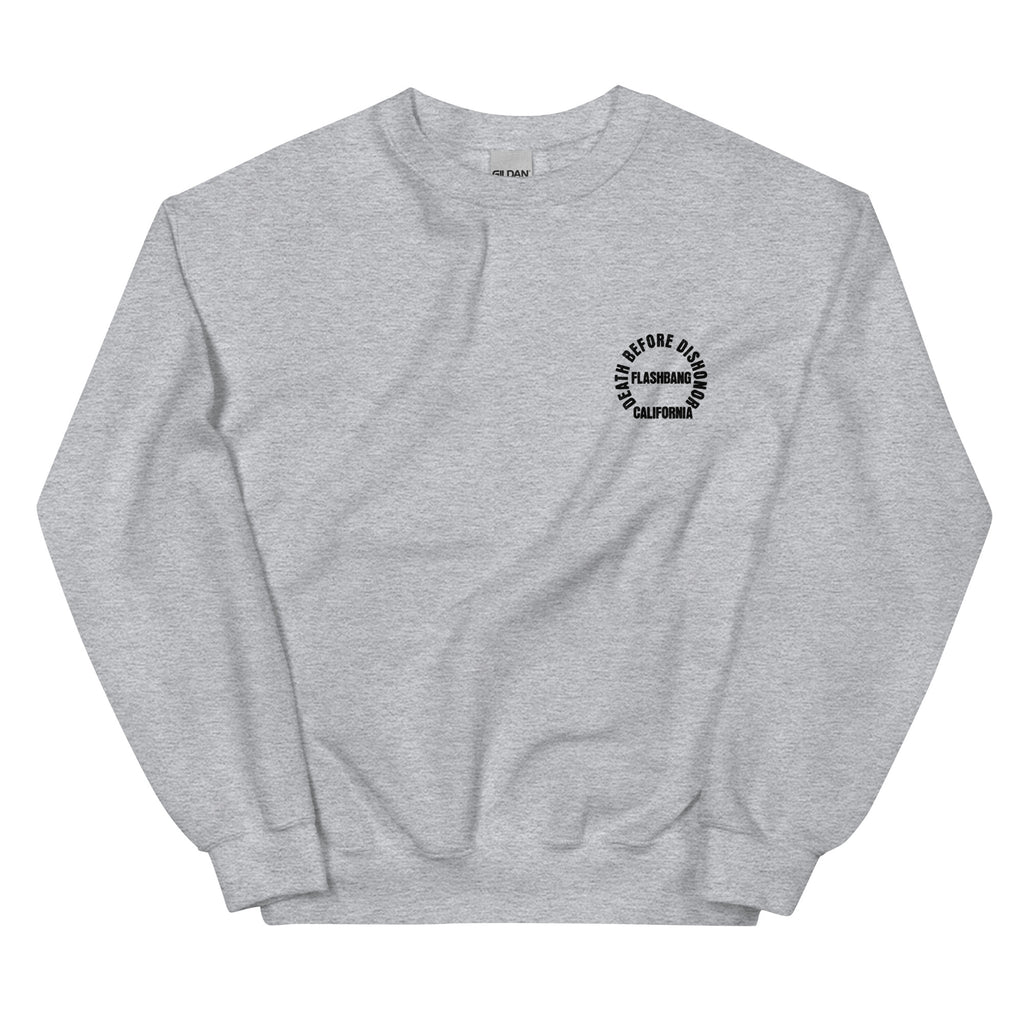 Gray sweatshirt with a black logo on a white background