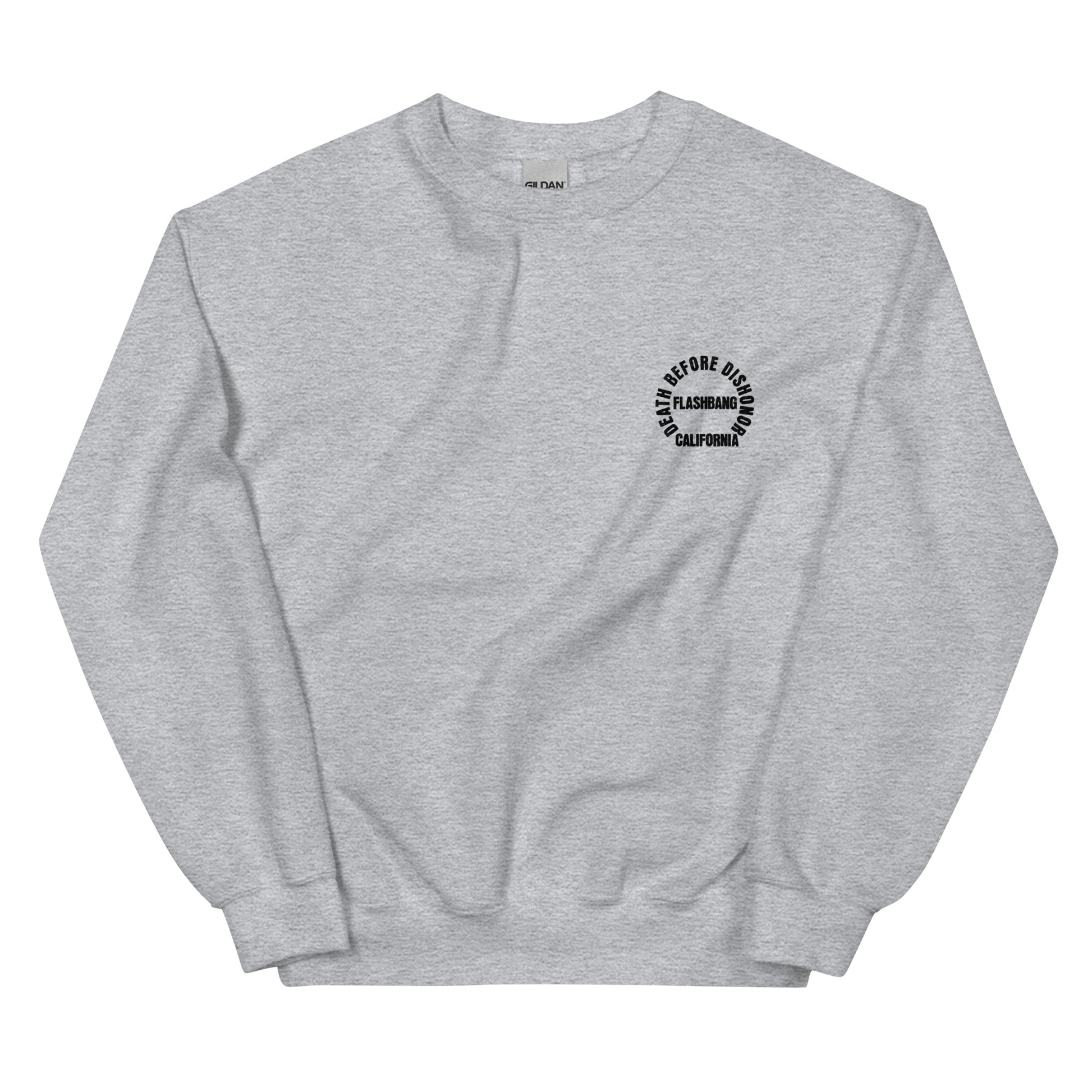 Gray sweatshirt with a black logo on a white background