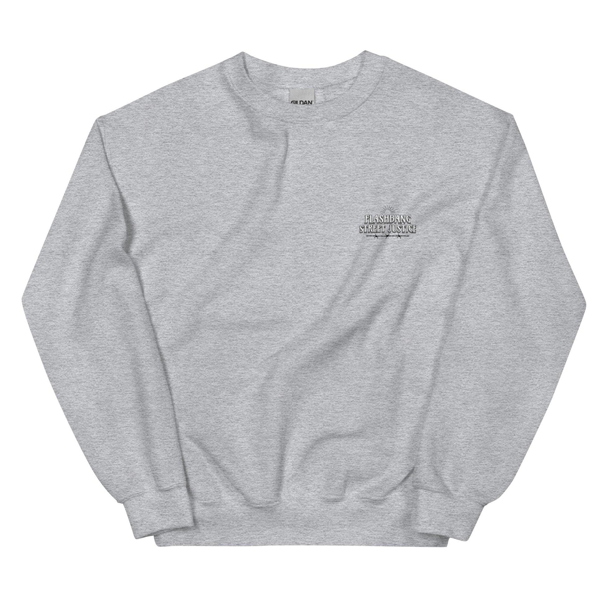 Gray sweatshirt with a small logo on a white background
