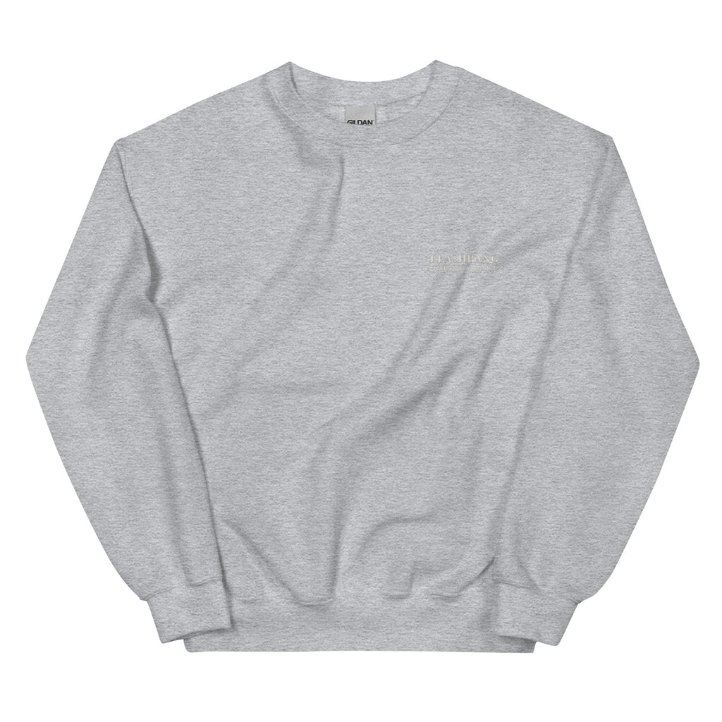 Gray sweatshirt with a small logo on a white background