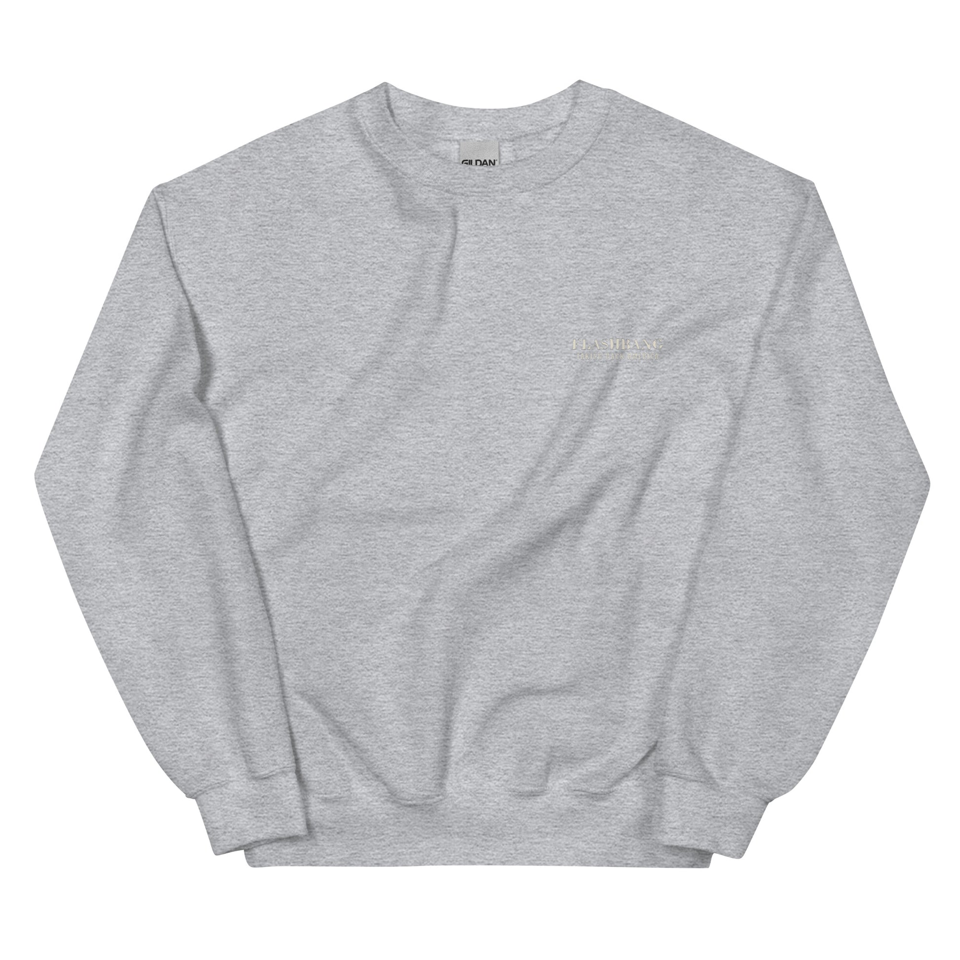 Gray sweatshirt with a small logo on a white background