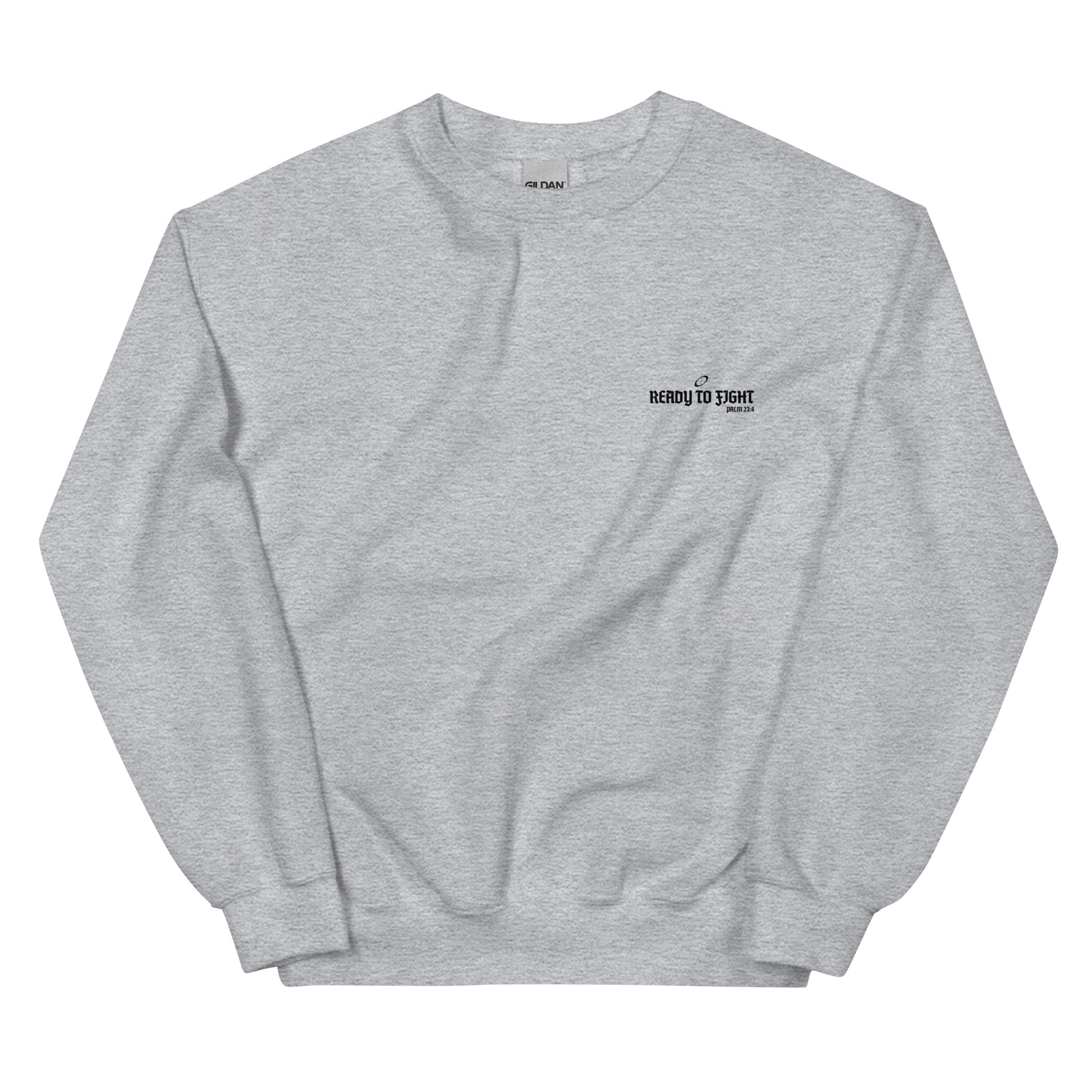 Gray sweatshirt with a small logo on a white background