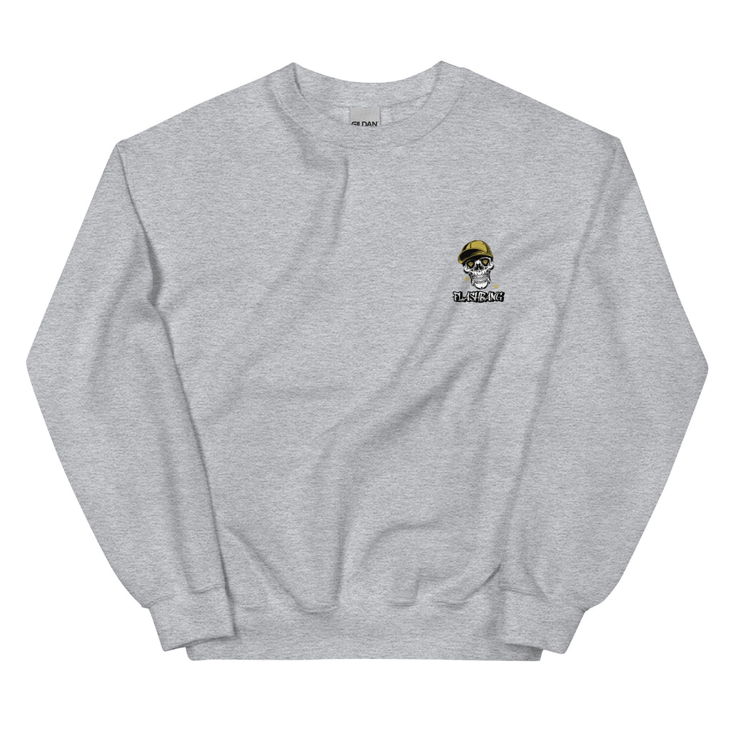 Gray sweatshirt with a small logo on the chest against a white background