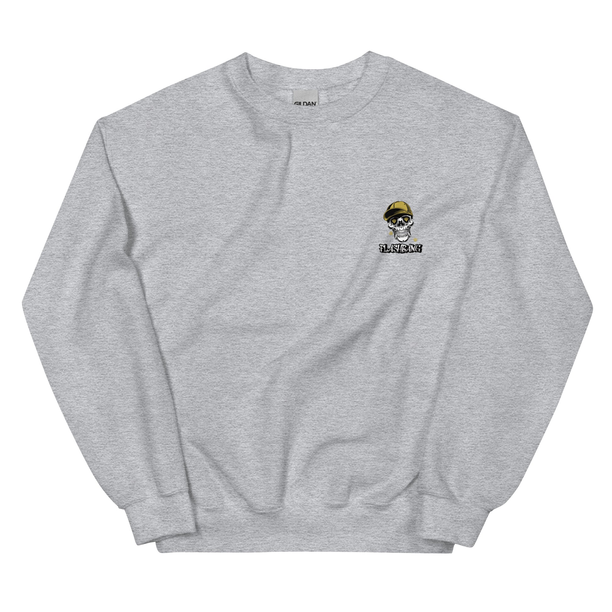 Gray sweatshirt with a small logo on the chest against a white background