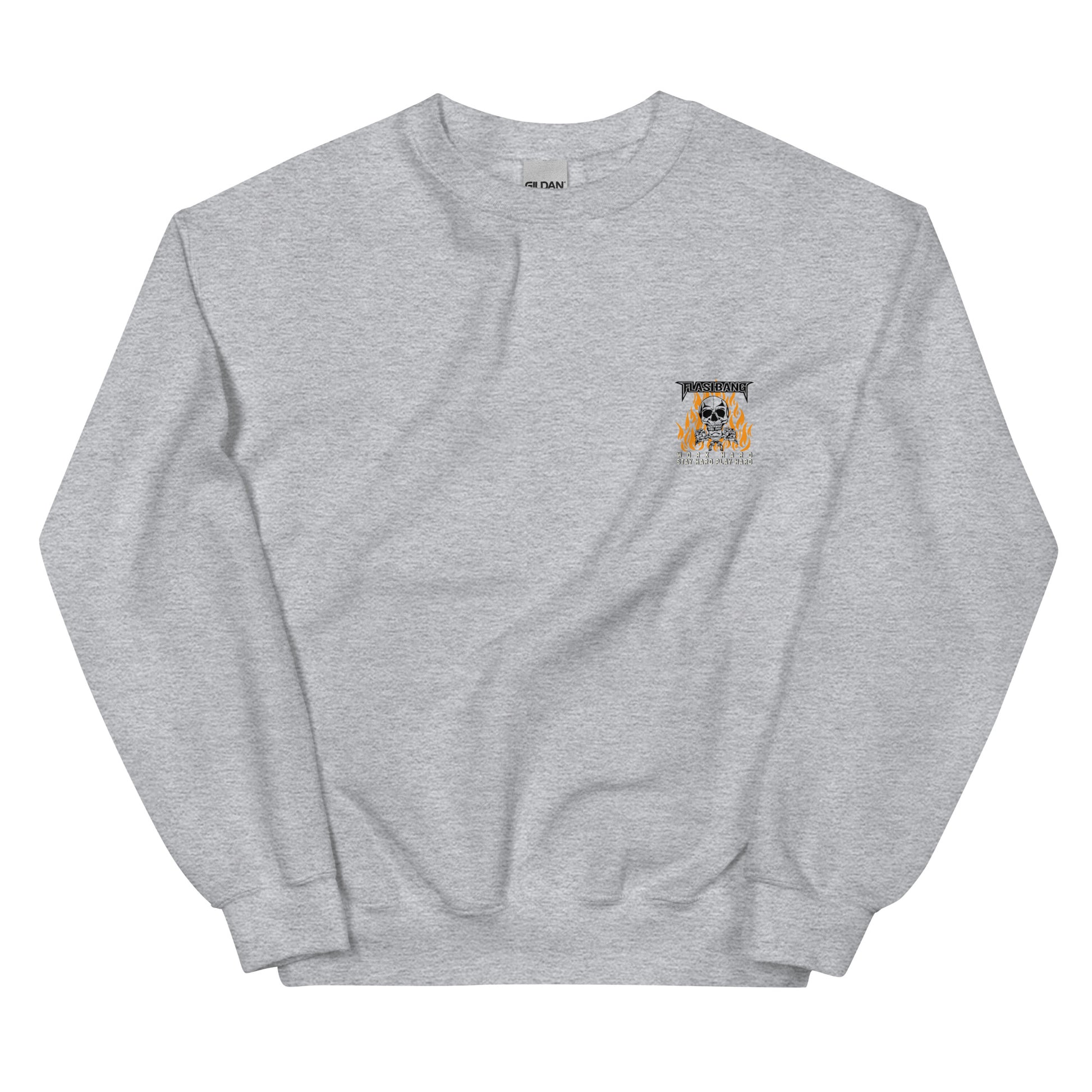 Gray sweatshirt with a small colorful graphic on the chest against a white background