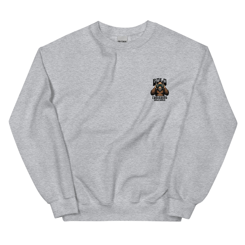 Gray sweatshirt with a dog graphic and text on a white background