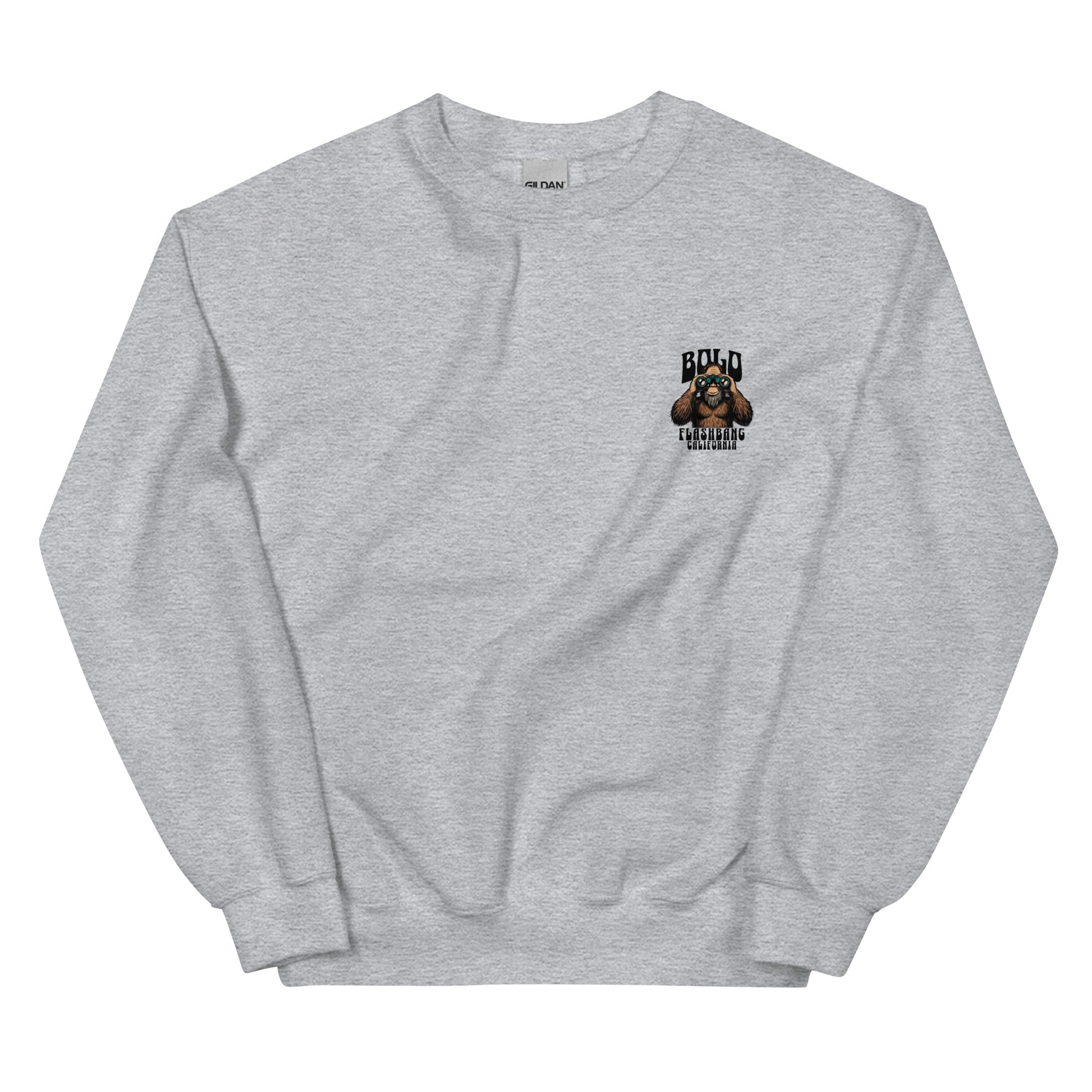 Gray sweatshirt with a dog graphic and text on a white background