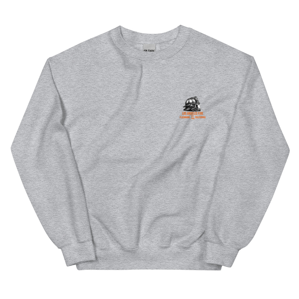 Gray sweatshirt with a small logo on the chest against a white background
