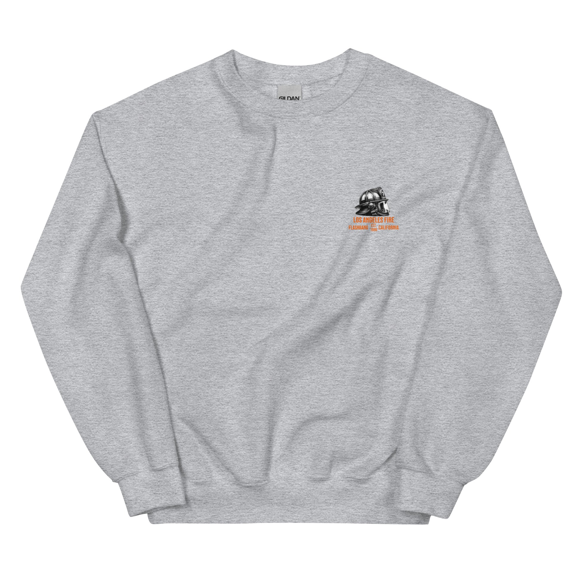 Gray sweatshirt with a small logo on the chest against a white background