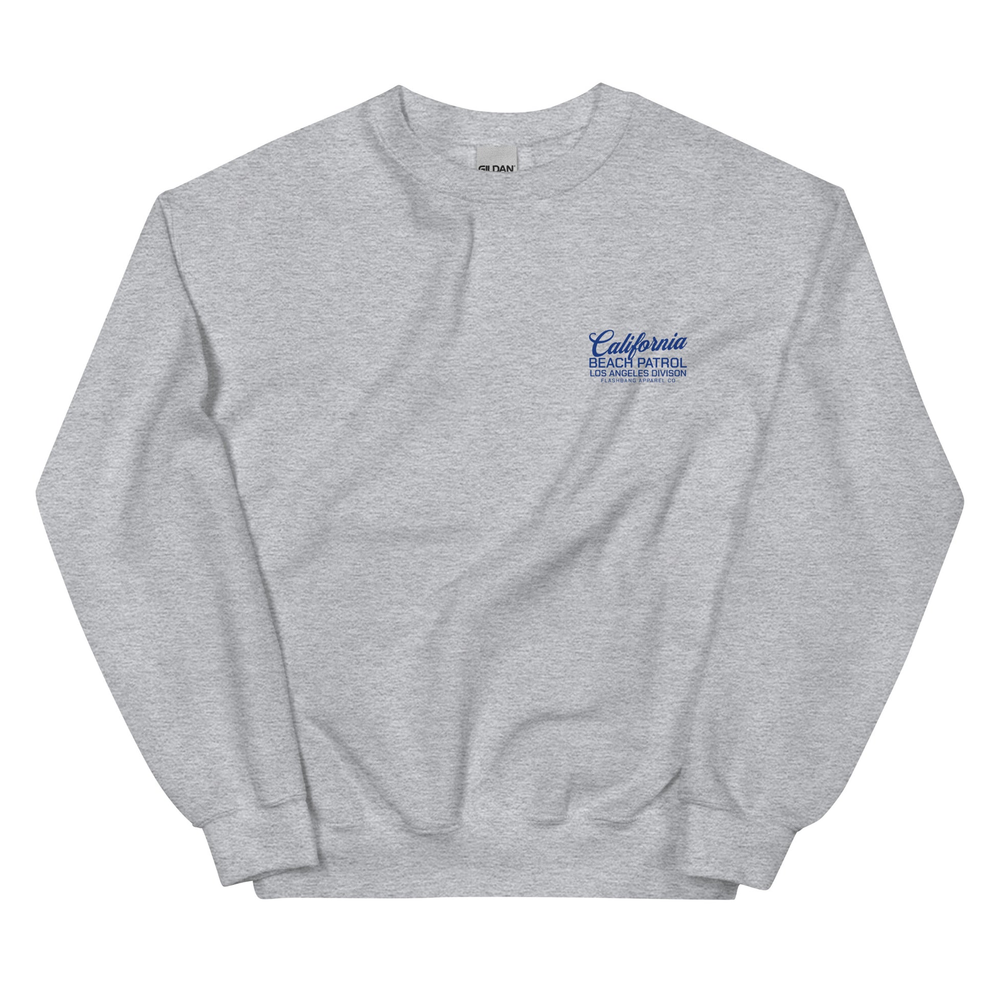 Gray sweatshirt with blue text on a white background