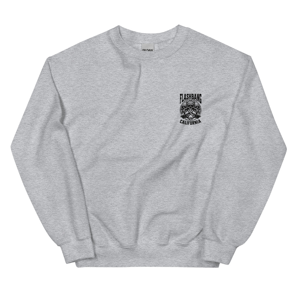 Gray sweatshirt with a logo on the chest against a white background