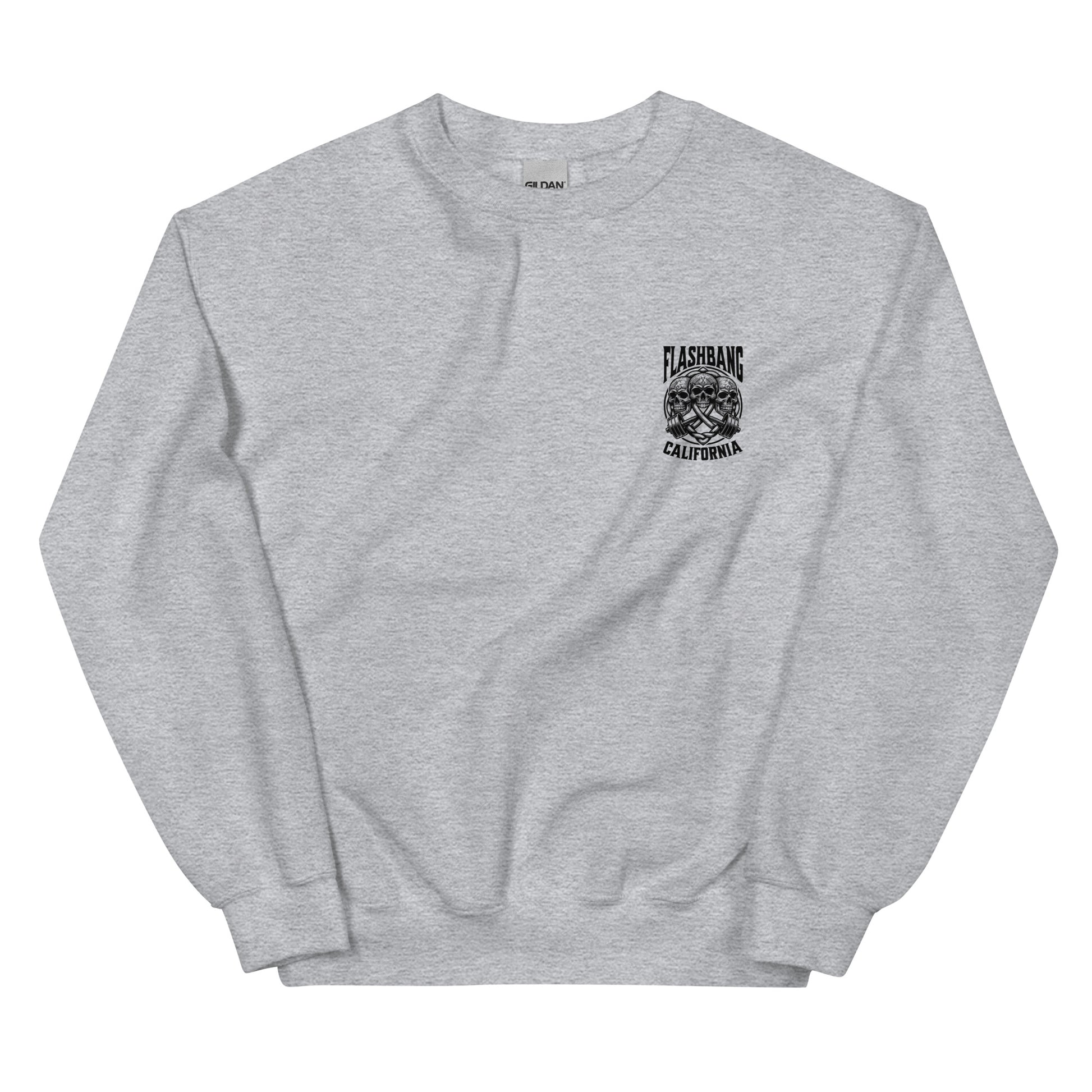 Gray sweatshirt with a logo on the chest against a white background