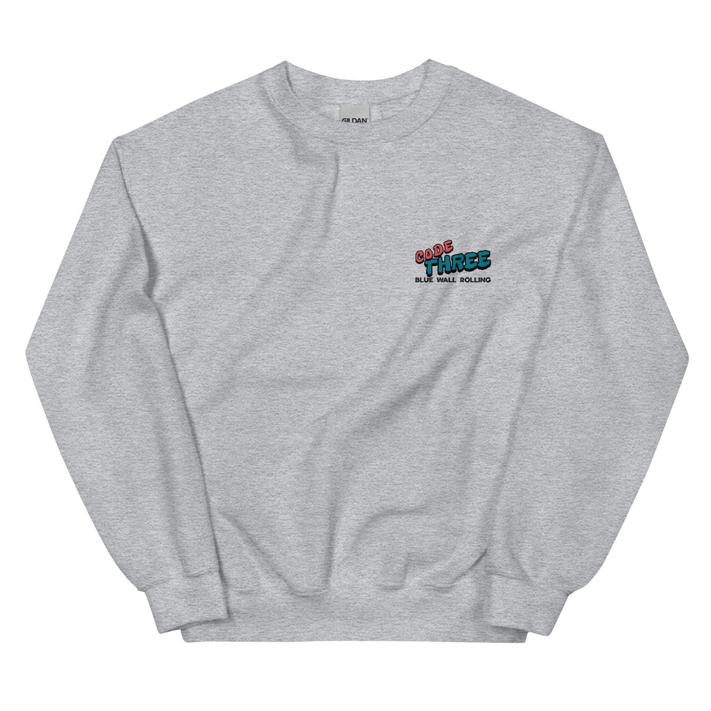 Gray sweatshirt with a logo on the chest against a white background