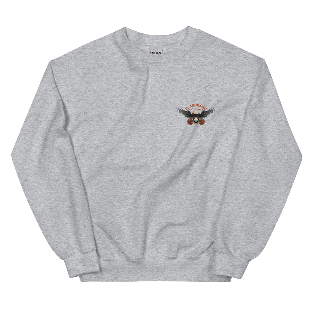 Gray sweatshirt with a logo on the chest against a white background