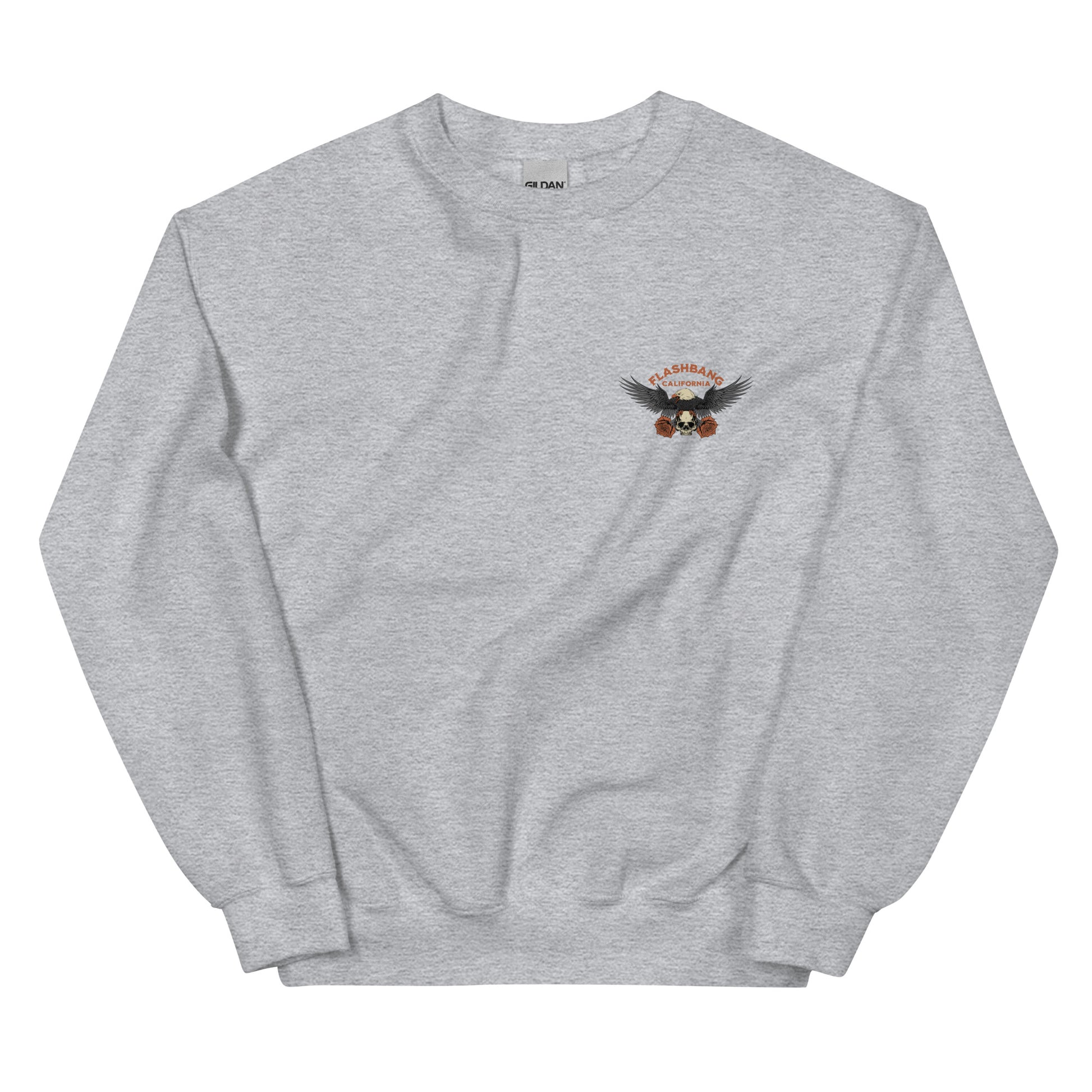Gray sweatshirt with a logo on the chest against a white background