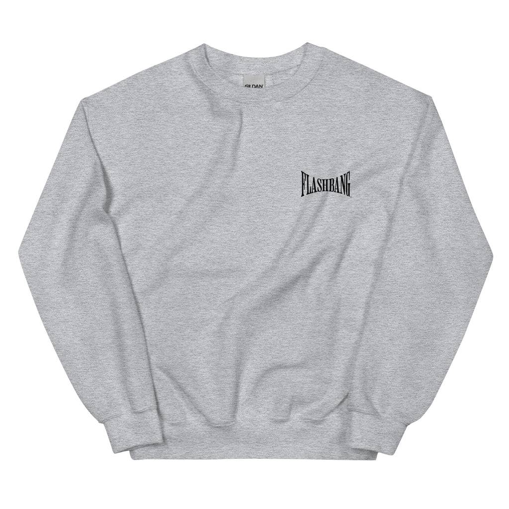 Gray sweatshirt with 'Flashbang' logo on a white background