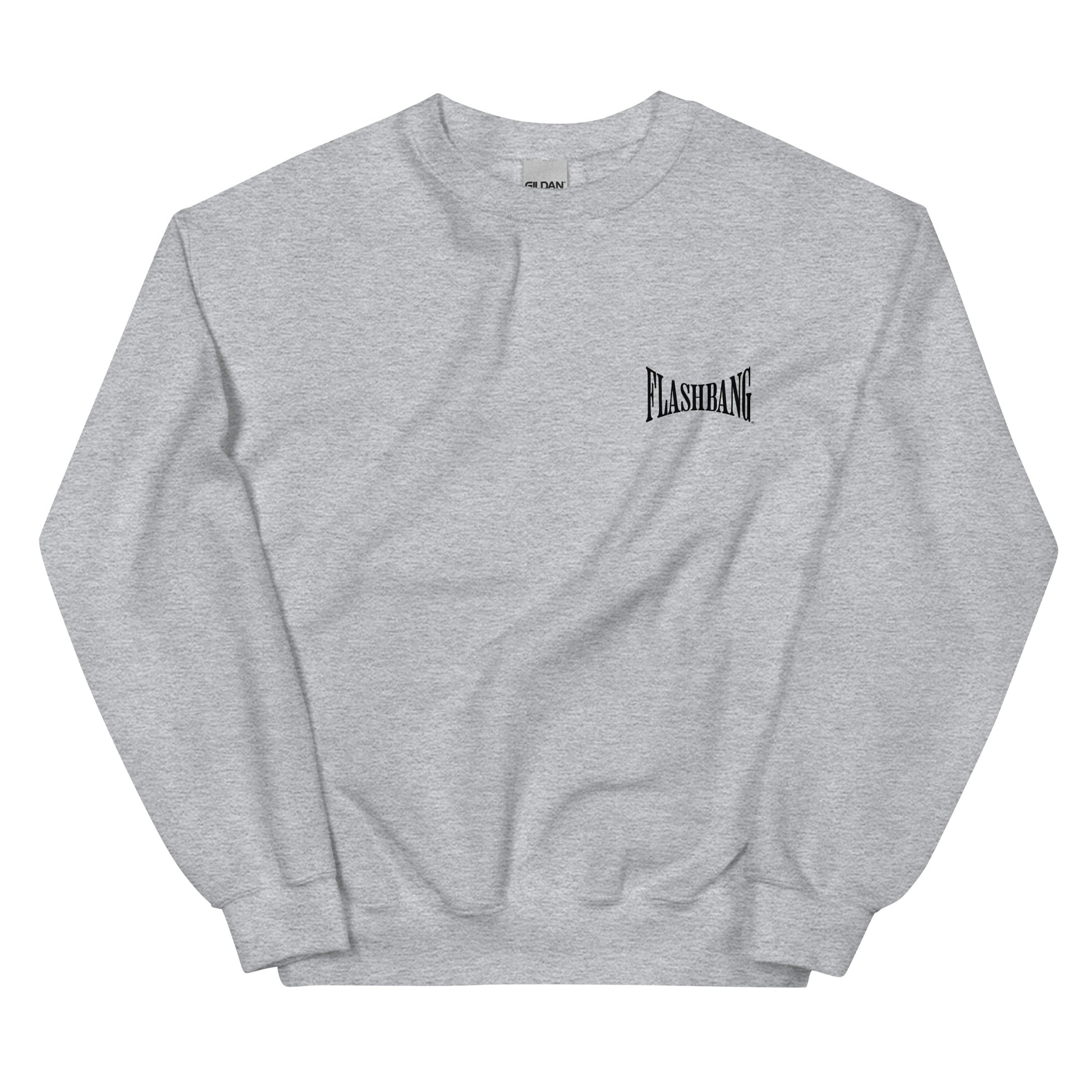 Gray sweatshirt with 'Flashbang' logo on a white background