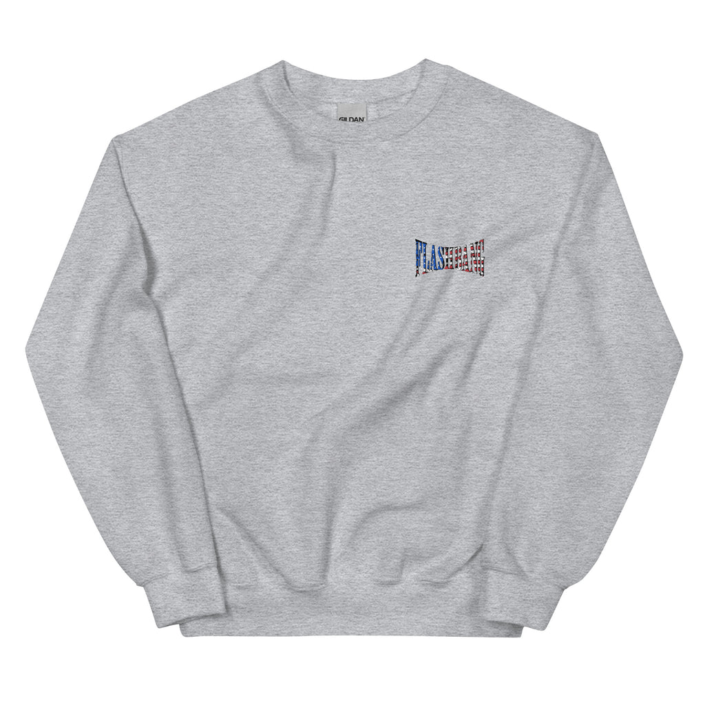 Gray sweatshirt with a small colorful logo on a white background