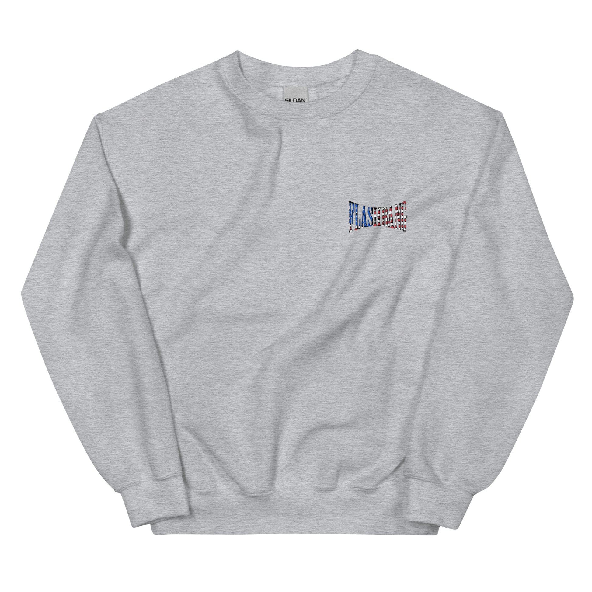 Gray sweatshirt with a small colorful logo on a white background