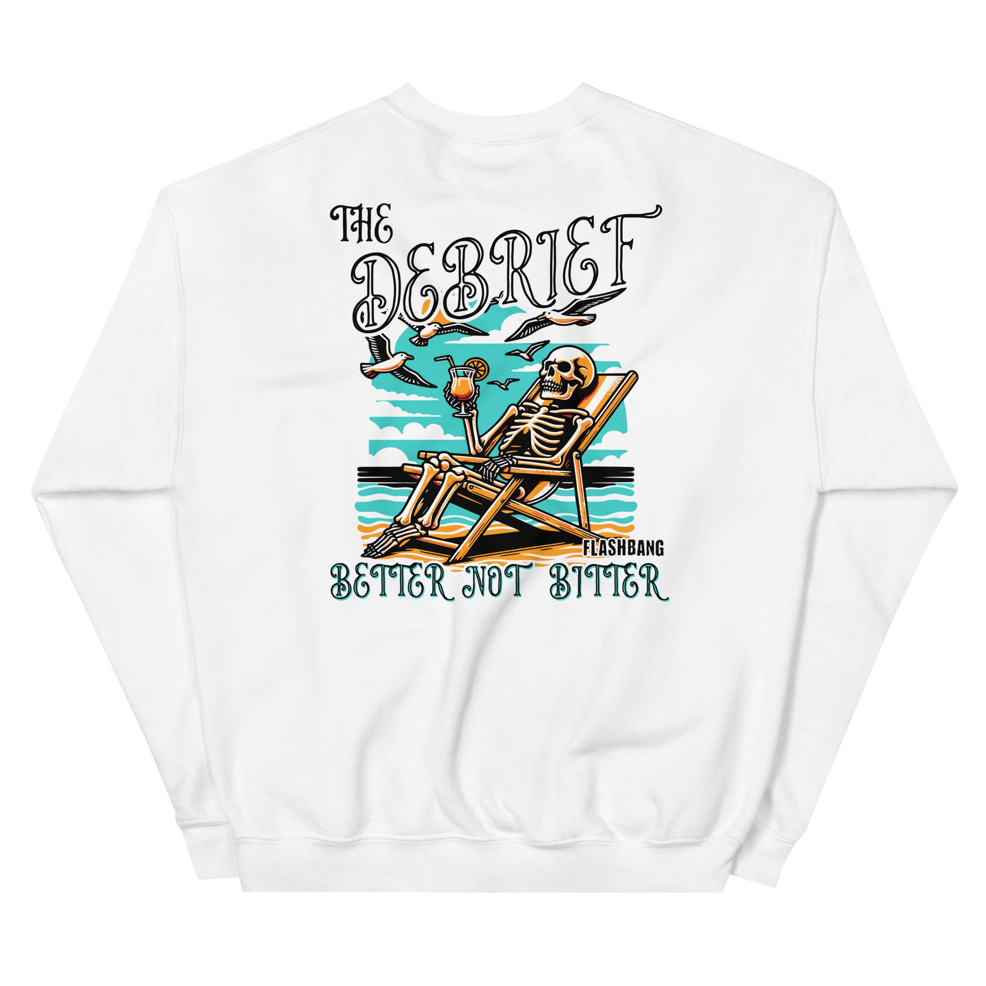 White sweatshirt with a skeleton design and text on the back
