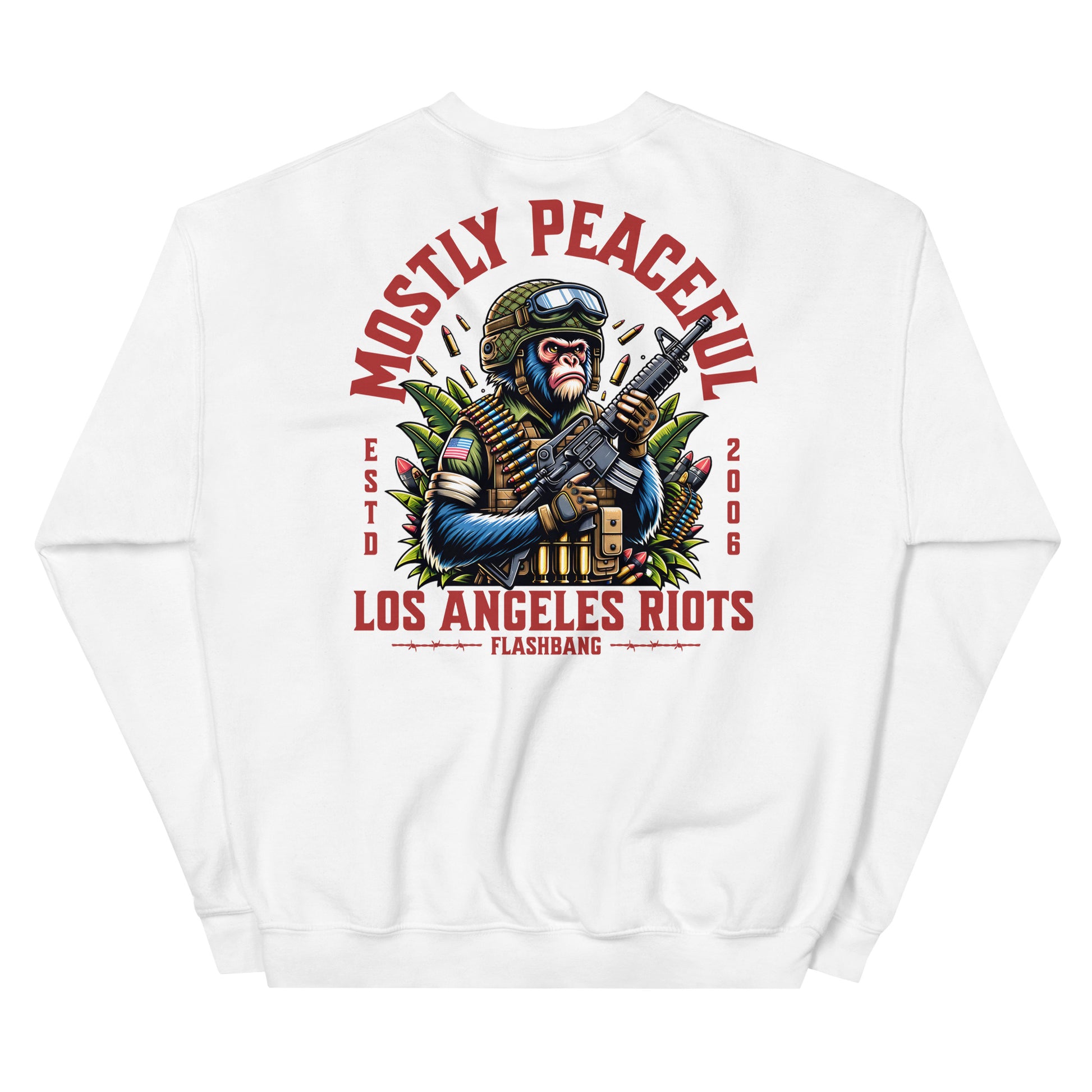 White sweatshirt with graphic design and text on a white background