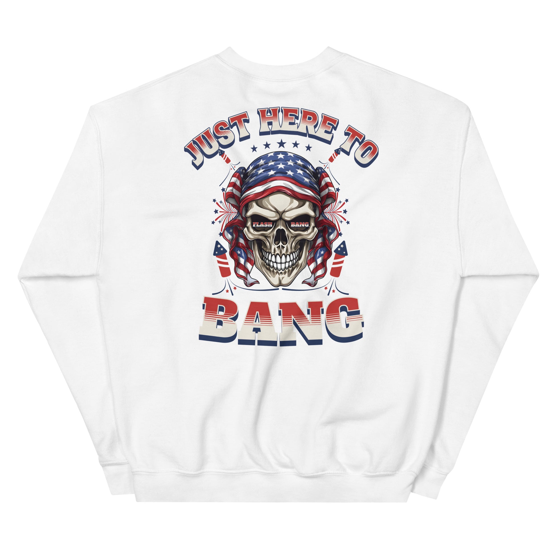 White sweatshirt with a graphic design featuring a skull, American flag, and text on a white background