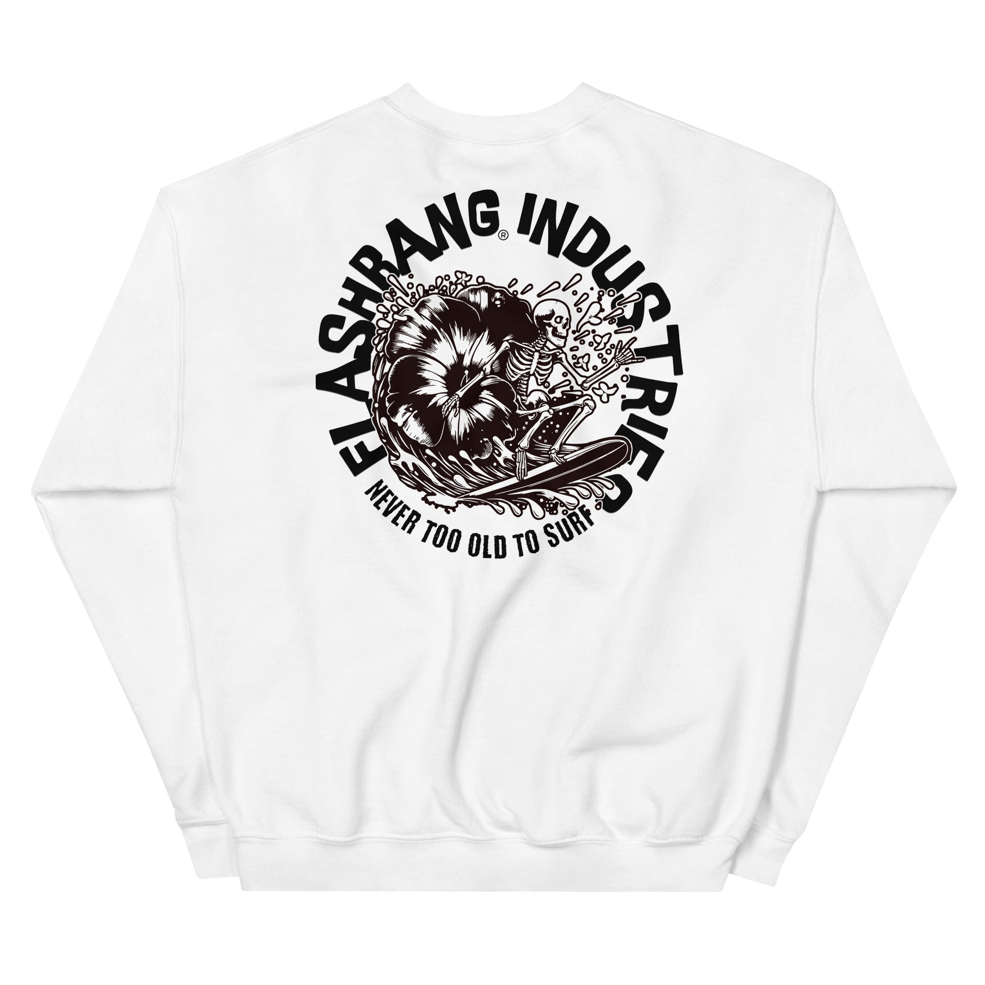 White sweatshirt with black graphic design and text on a white background