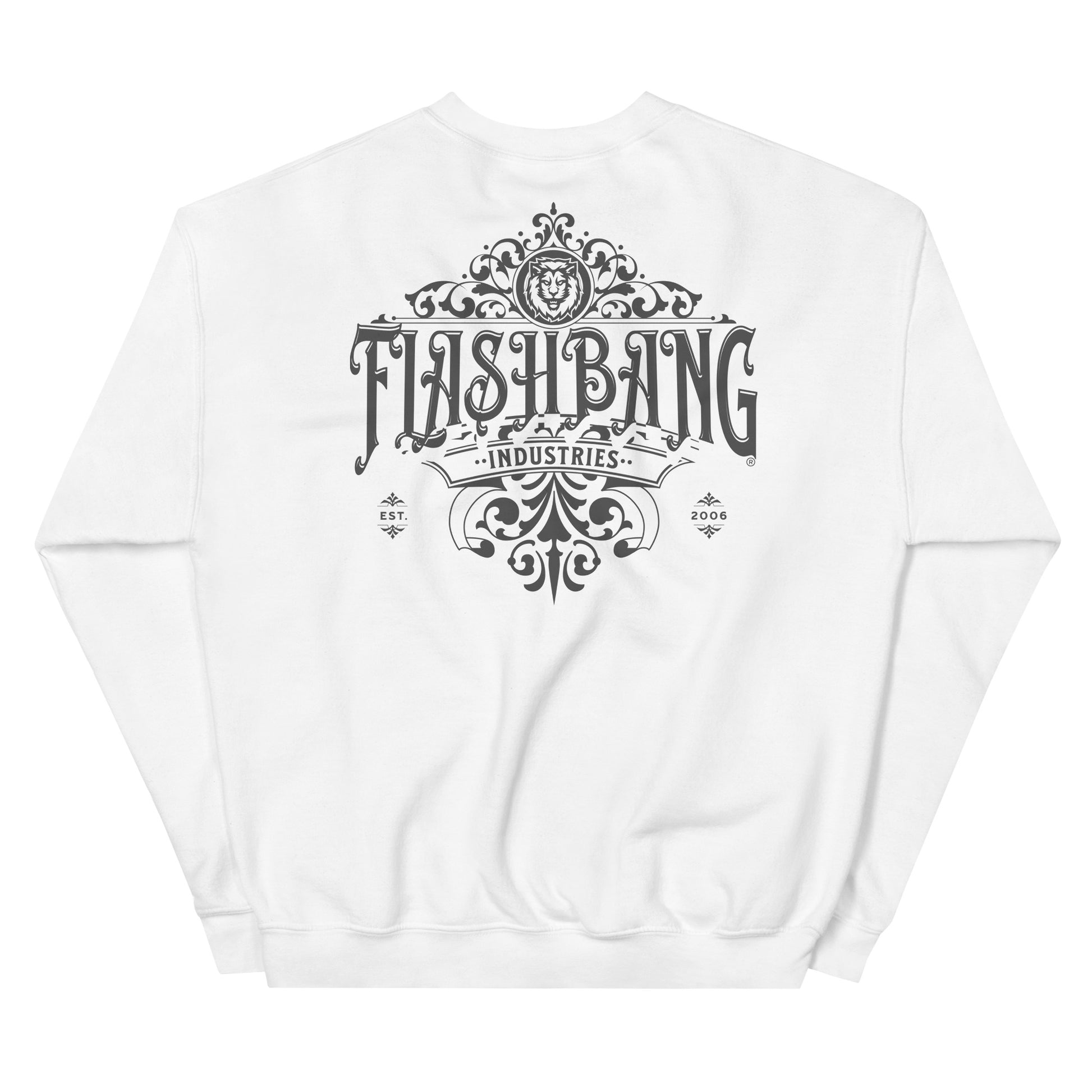 White sweatshirt with 'Flashbang Industries' logo on the back against a white background