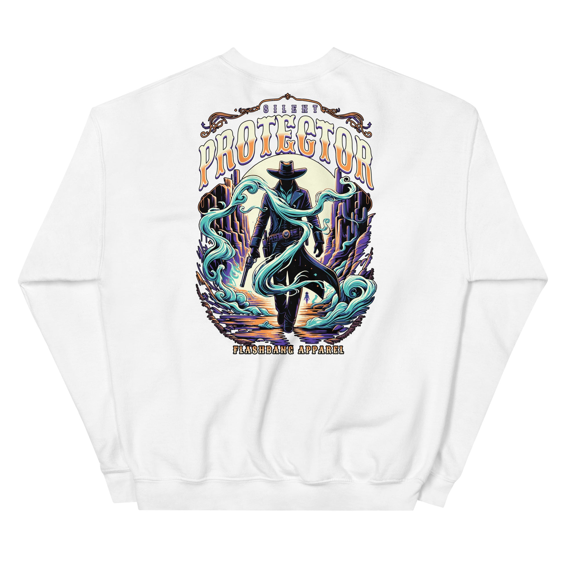 White sweatshirt with a colorful graphic design on the back featuring a cowboy and text 'The Protector'.
