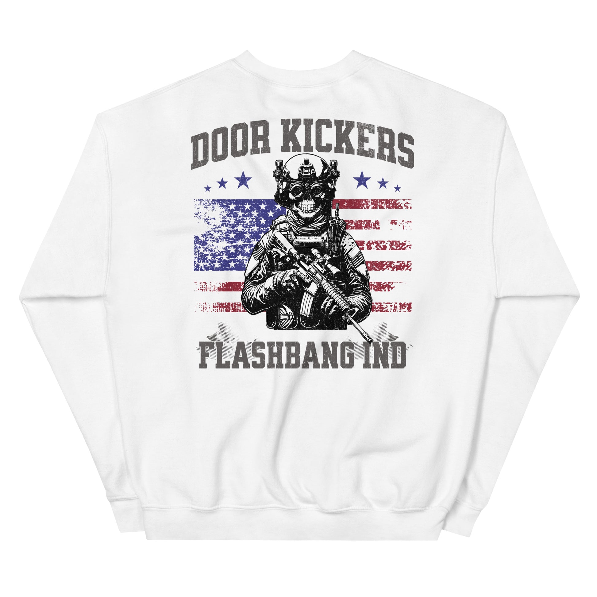 White sweatshirt with graphic design and text on a white background