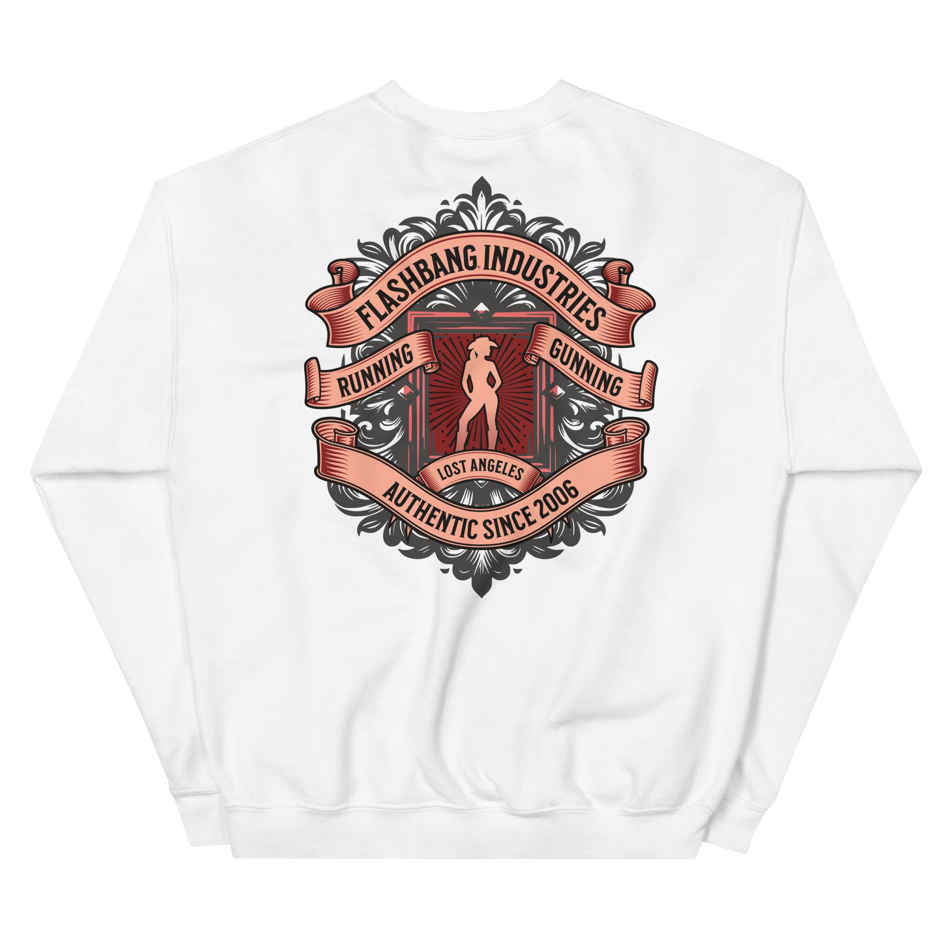 White sweatshirt with a graphic design on the back featuring text and a silhouette.