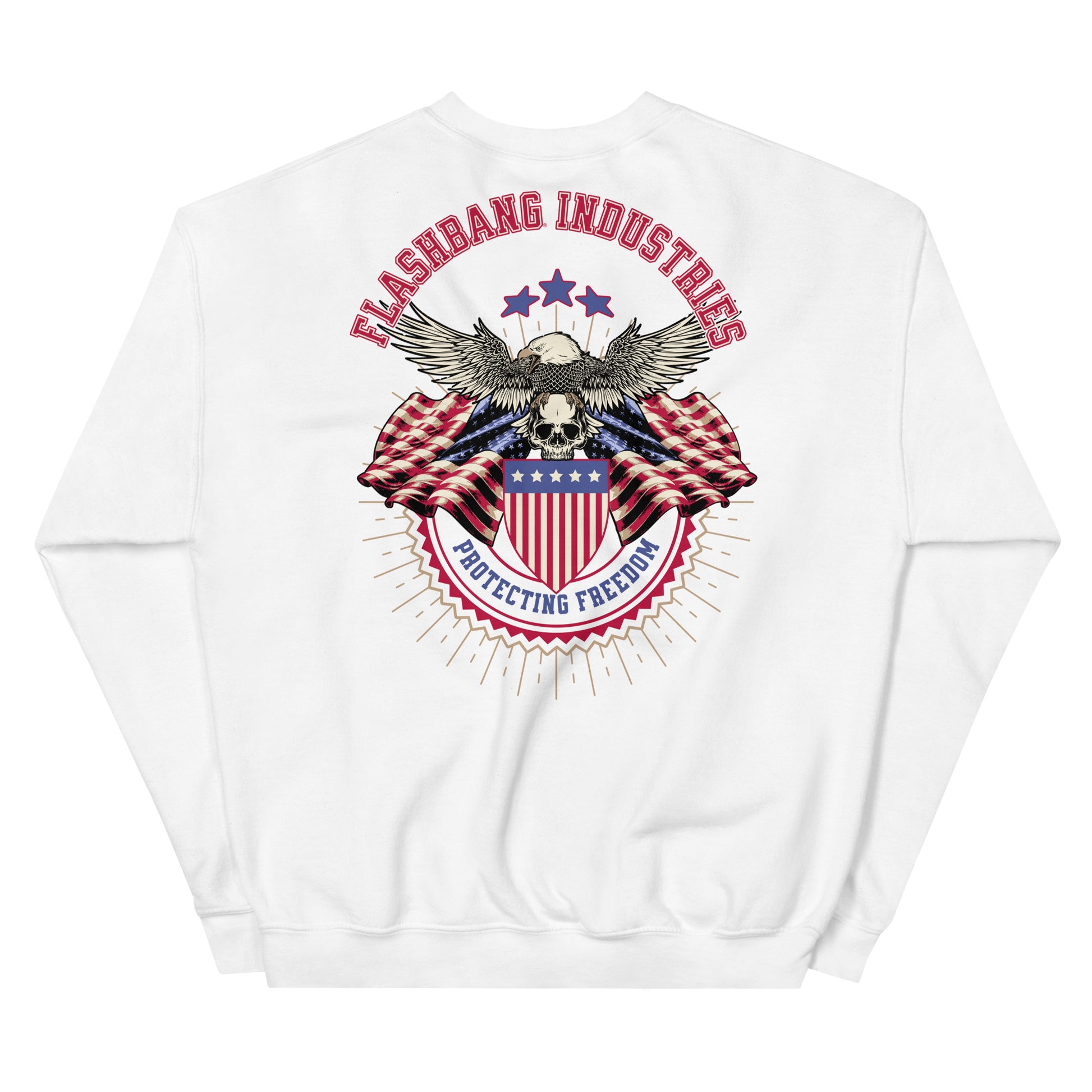 White sweatshirt with a graphic design featuring an eagle, shield, and text on a white background