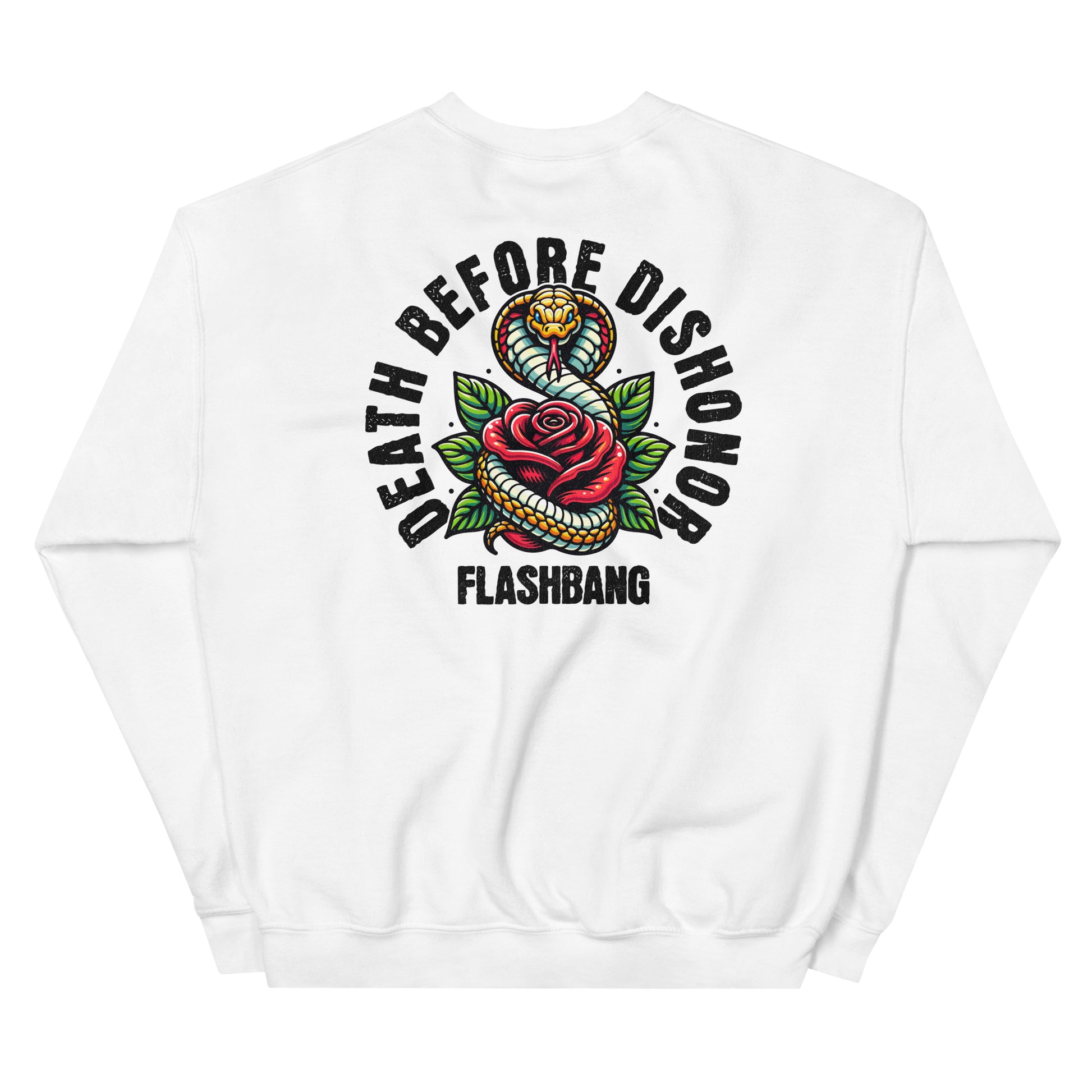 White sweatshirt with 'Death Before Dishonor' graphic and 'Flashbang' text on a white background
