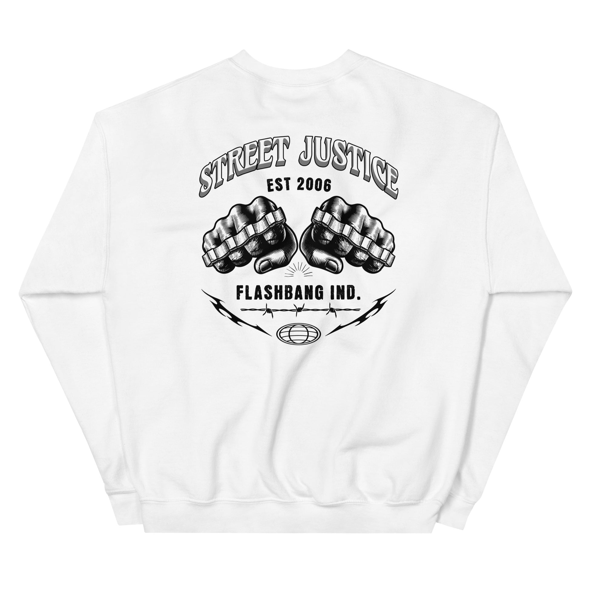White sweatshirt with black graphic design on the back featuring fists and text.