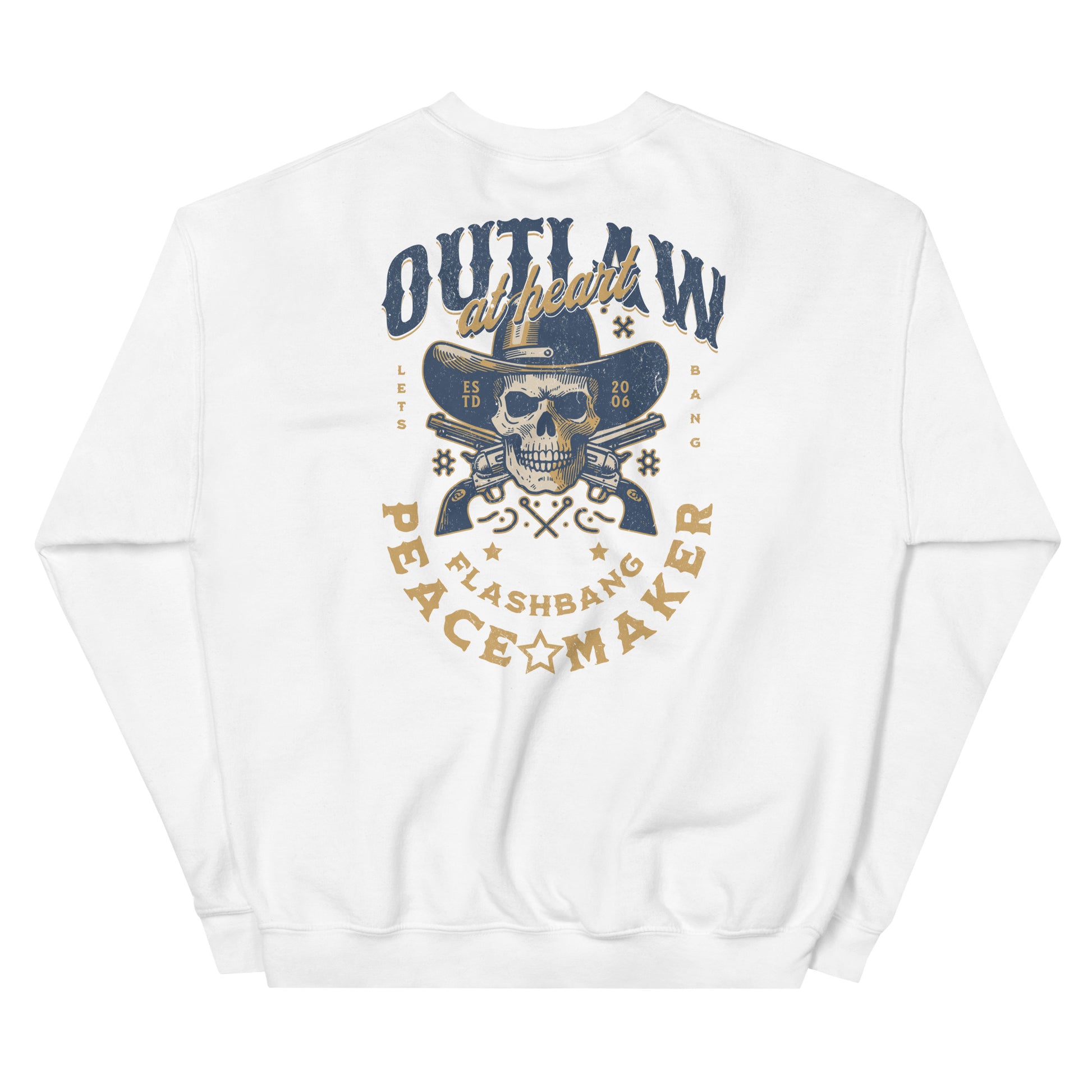 White sweatshirt with a skull and crossbones design on the back, featuring text and graphics.