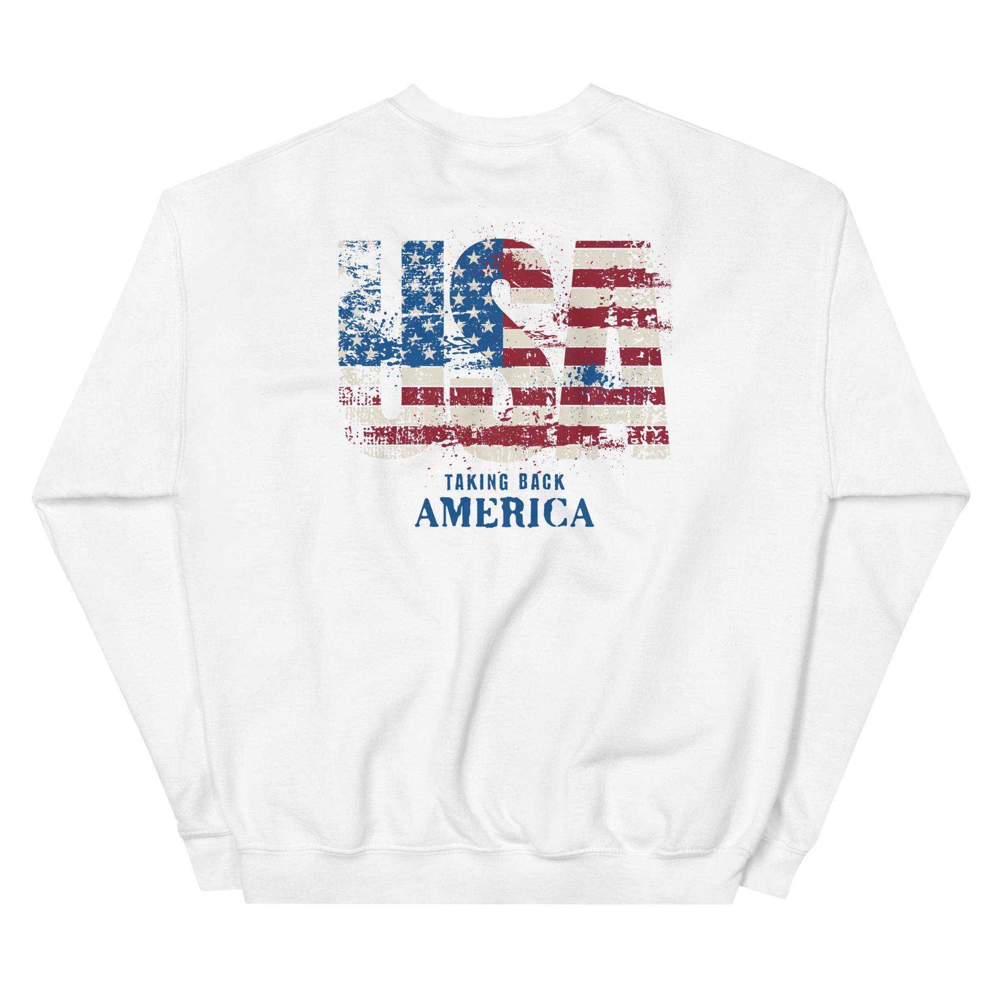 White sweatshirt with American flag design and 'Taking Back America' text on a white background