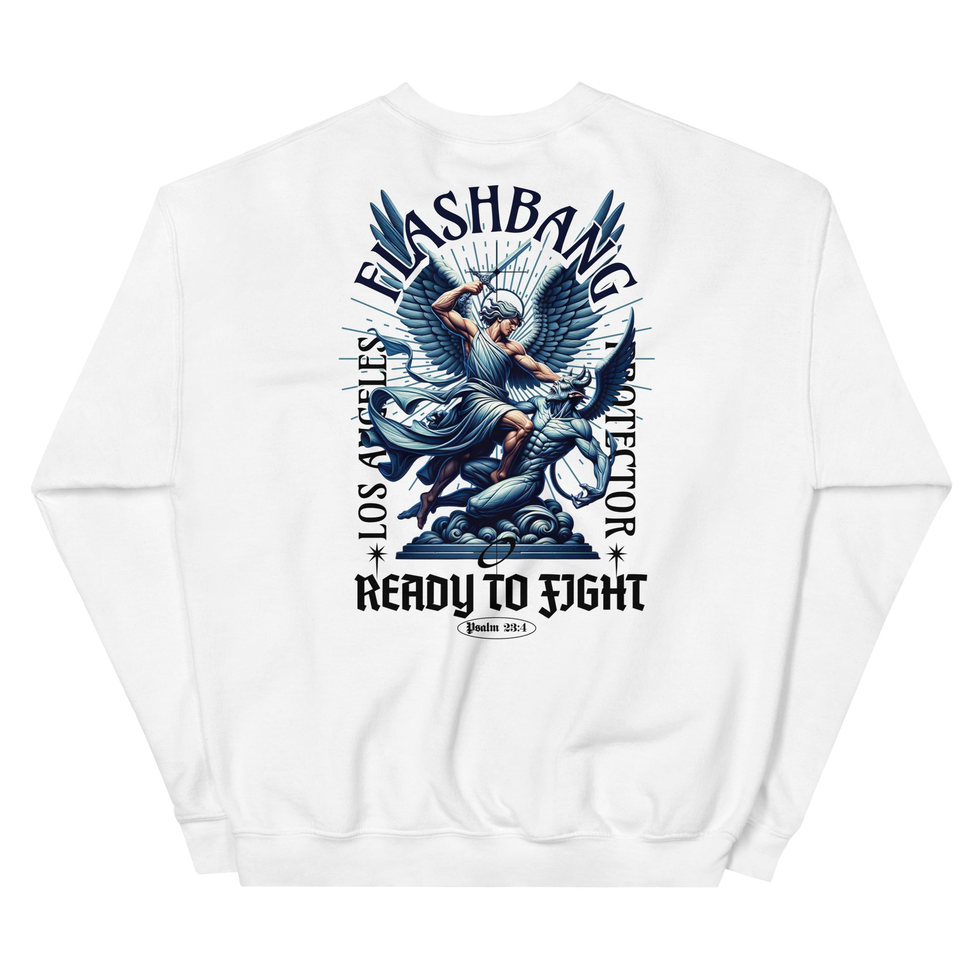White sweatshirt with graphic design and text on a white background