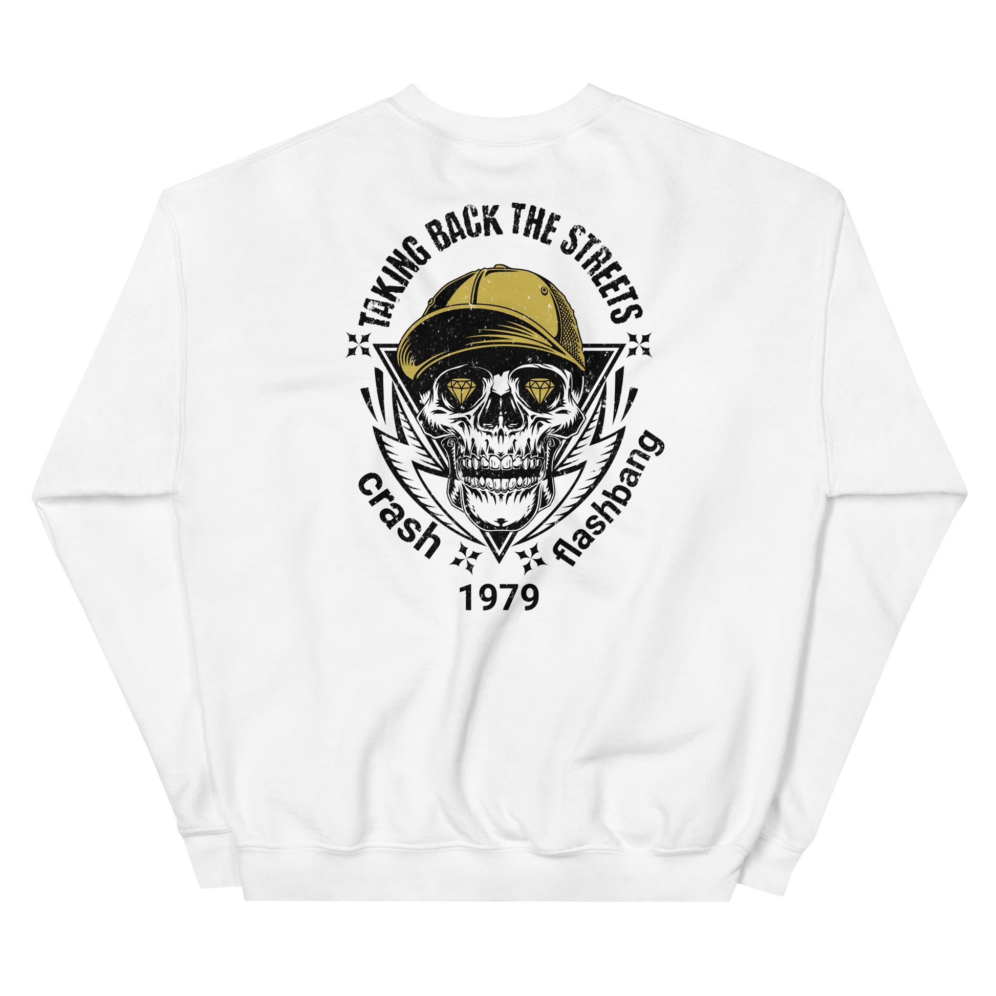 White sweatshirt with a skull design and text on the back against a white background
