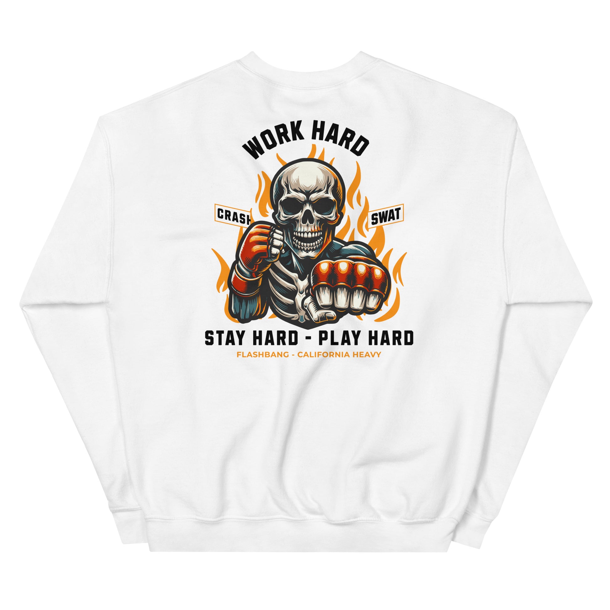 White sweatshirt with a graphic design of a skeleton holding拳, flames, and text on the back.