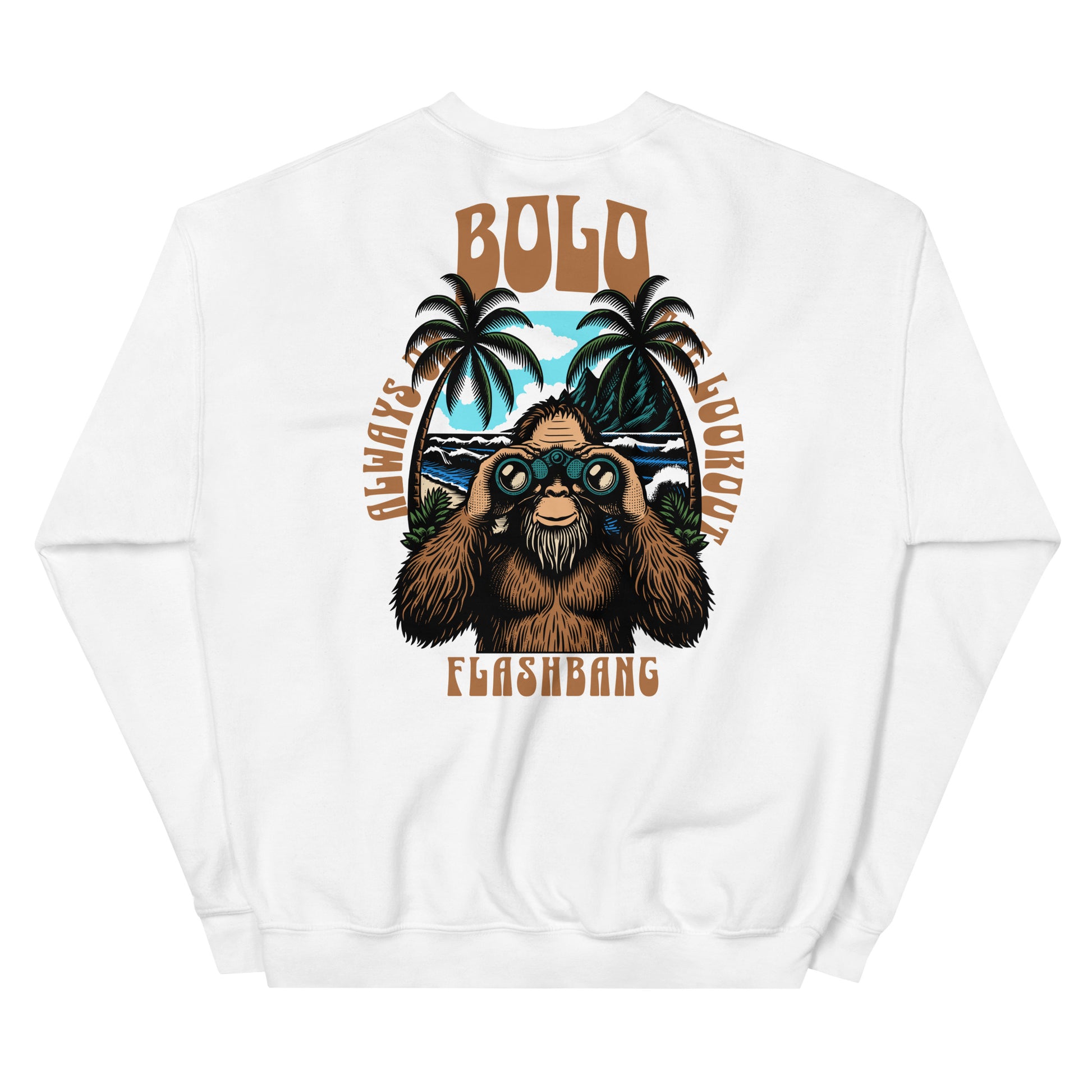 White sweatshirt with a graphic design of a sloth, palm trees, and text on the back.