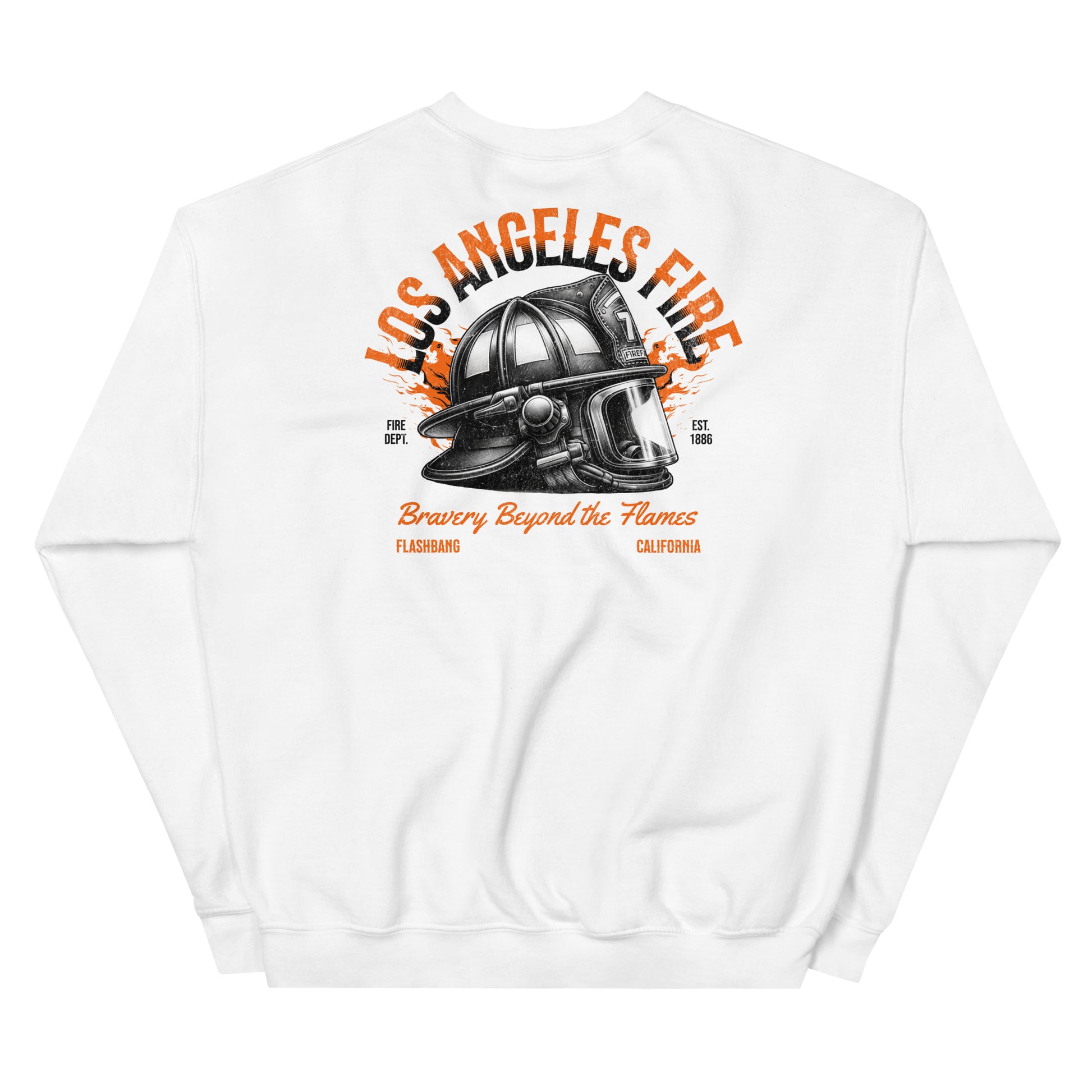 White sweatshirt with 'Los Angeles Fire' graphic on the back